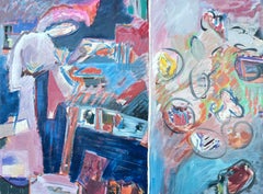 Französisch 20. Jahrhundert Dual Bright Abstract Küche Szene große Malerei