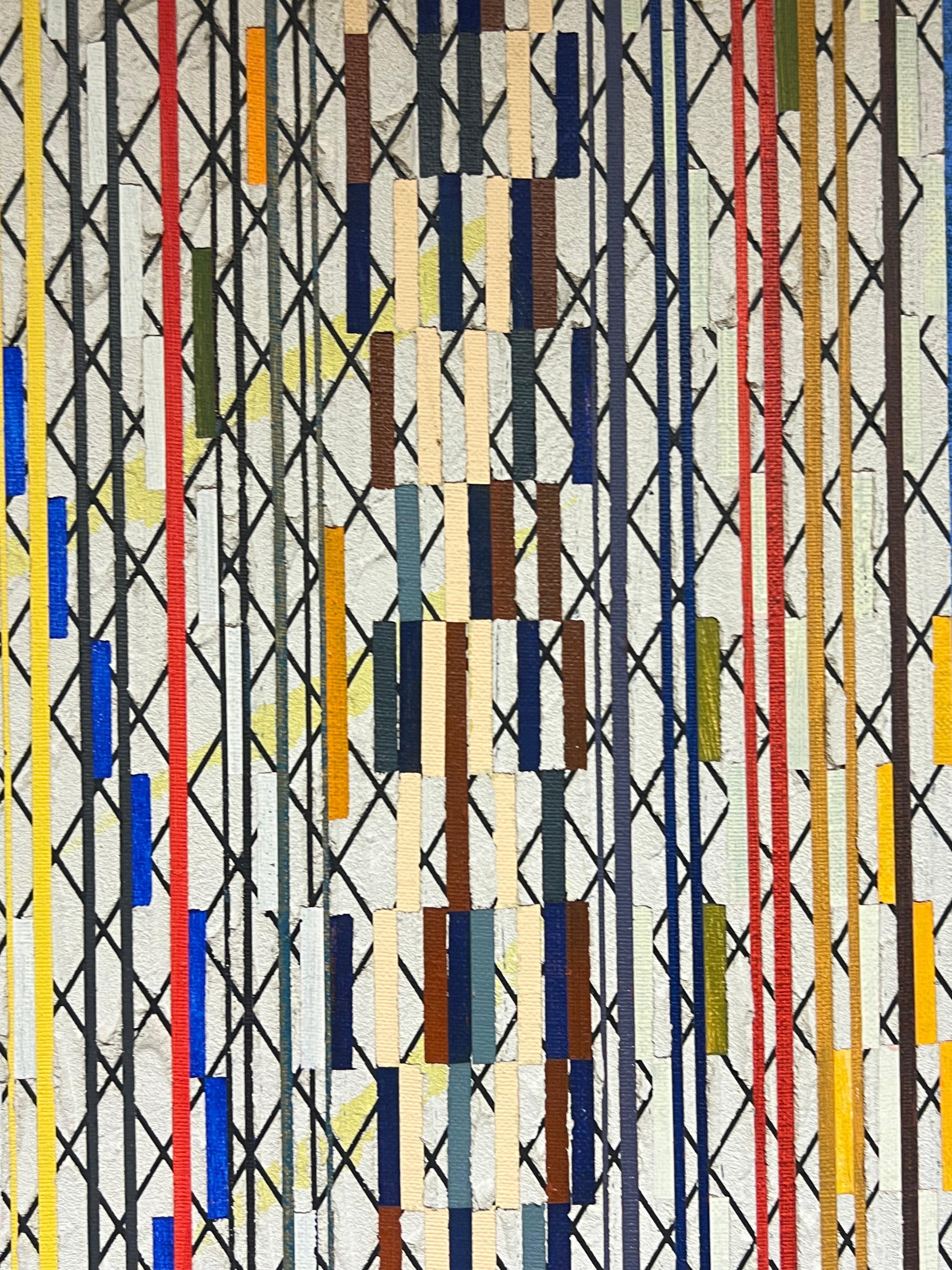 French 20th Century Geometric Abstract with Intersecting Lines and Bold Colors - Beige Abstract Painting by Gilbert Pelissier