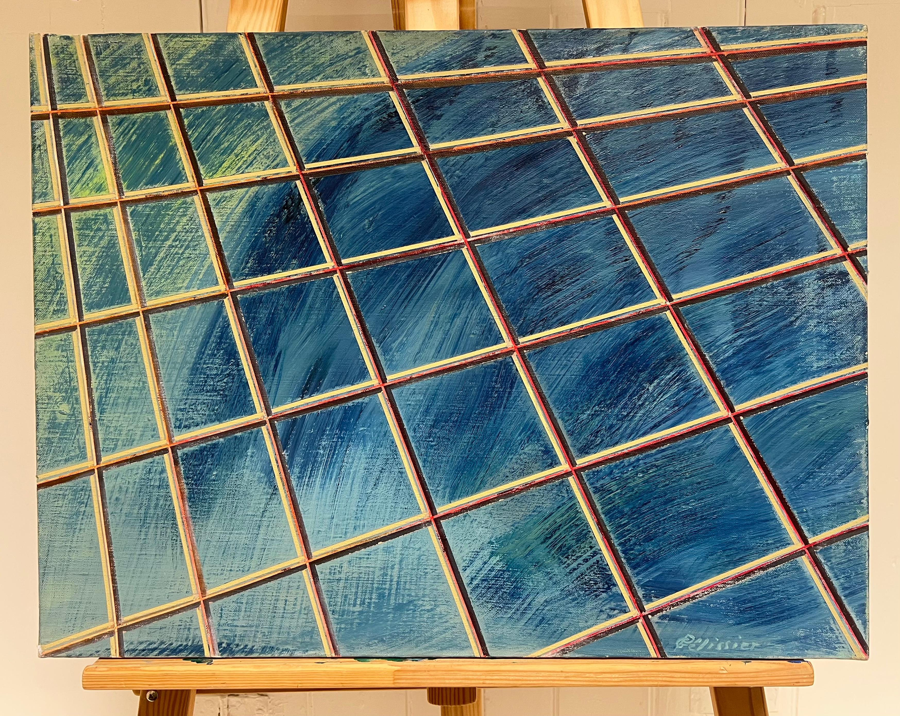 French 20th Century Gridded Geometry in Blue and Gold Contemporary Painting - Gray Abstract Painting by Gilbert Pelissier