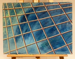 Pintura contemporánea francesa del siglo XX Geometría cuadriculada en azul y dorado