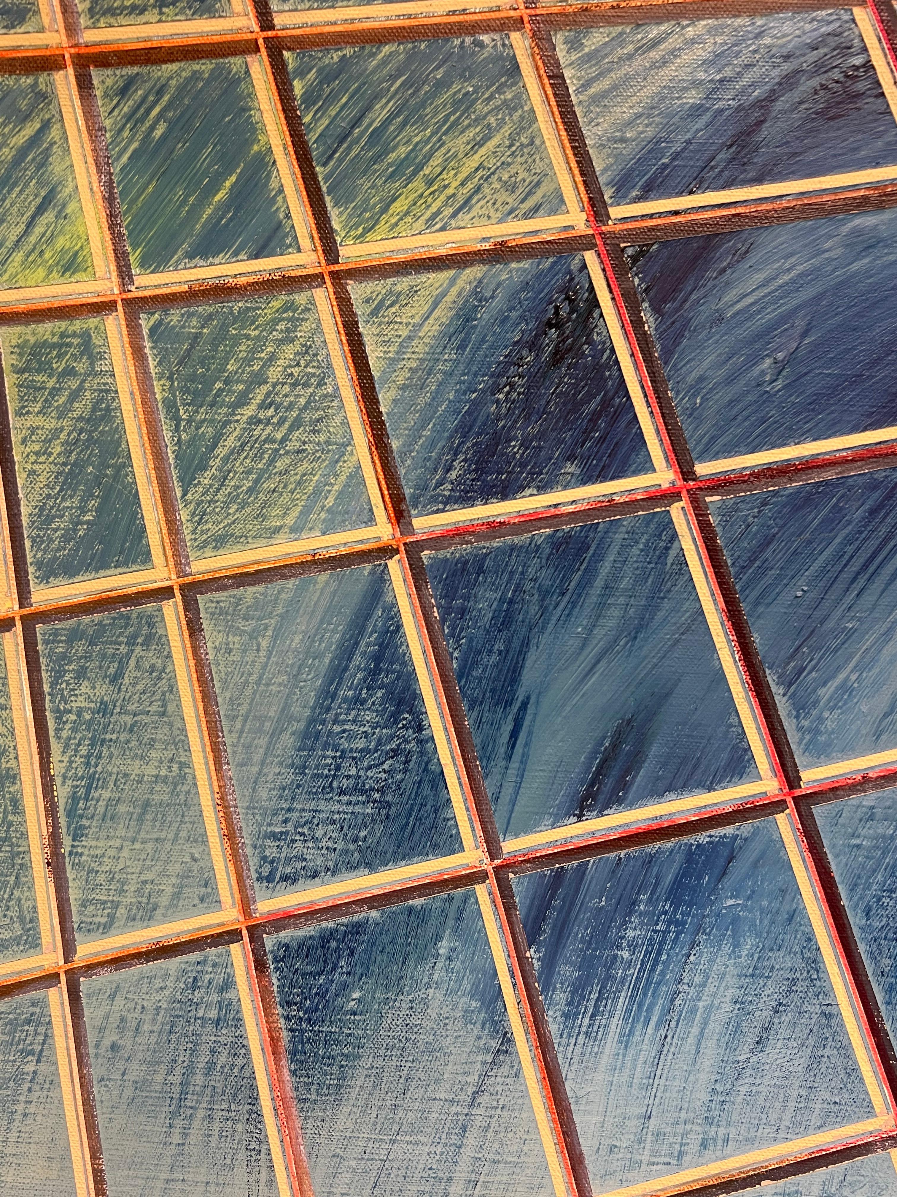 French 20th Century Gridded Geometry in Blue and Gold Contemporary Painting For Sale 1