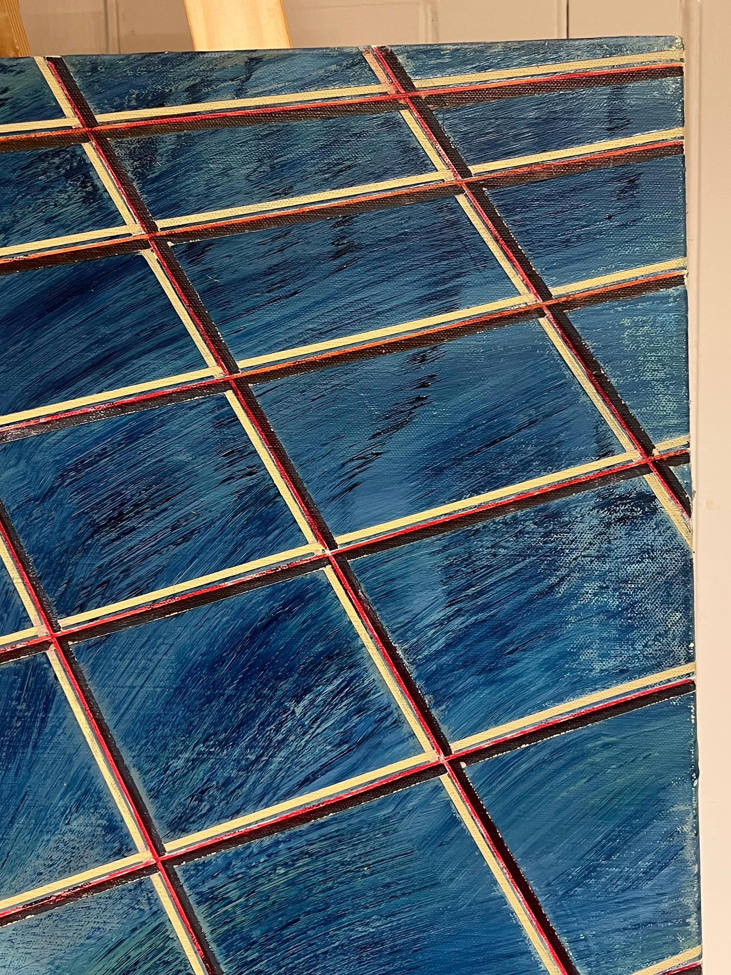 French 20th Century Gridded Geometry in Blue and Gold Contemporary Painting For Sale 2