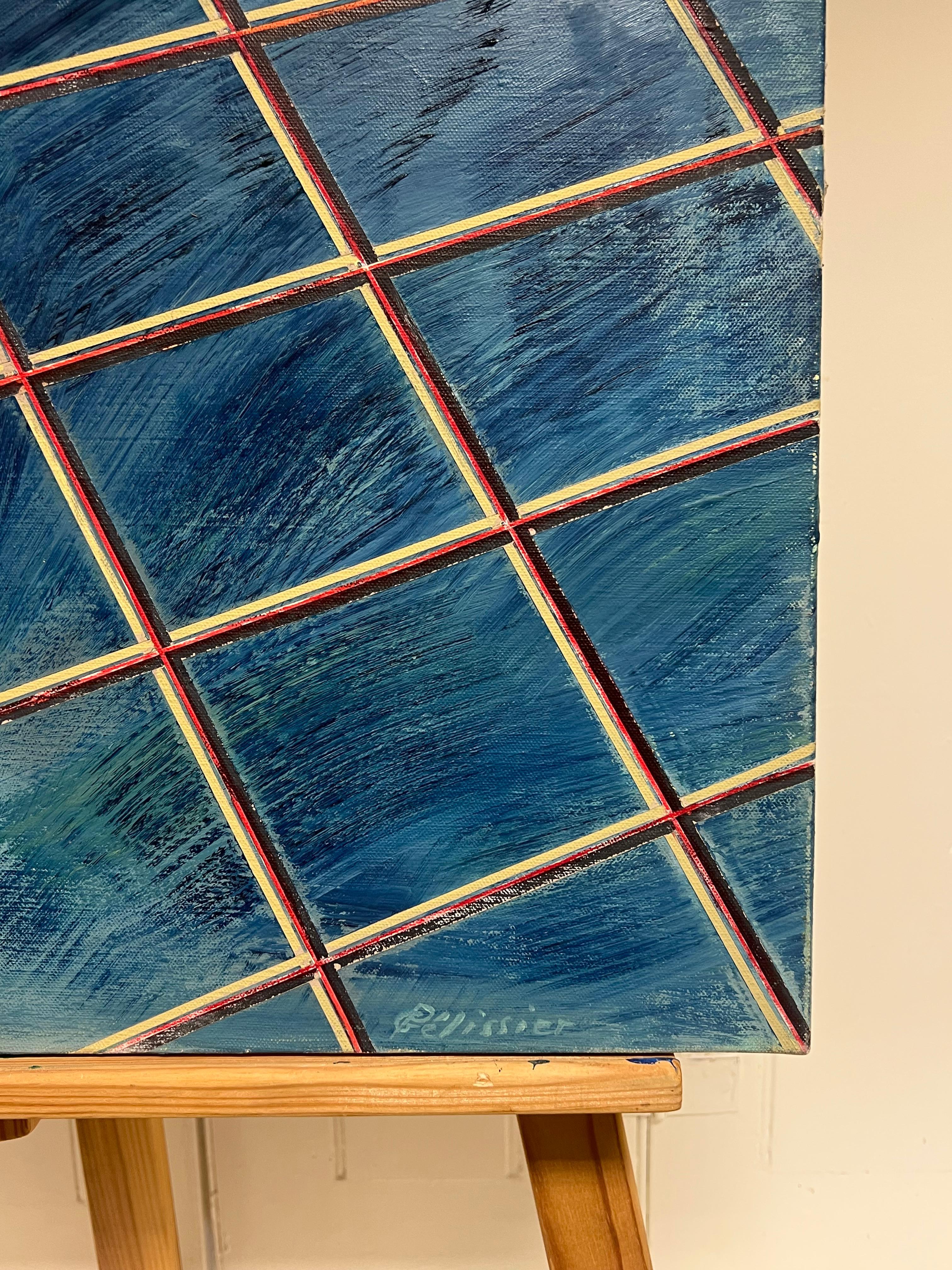 French 20th Century Gridded Geometry in Blue and Gold Contemporary Painting For Sale 3