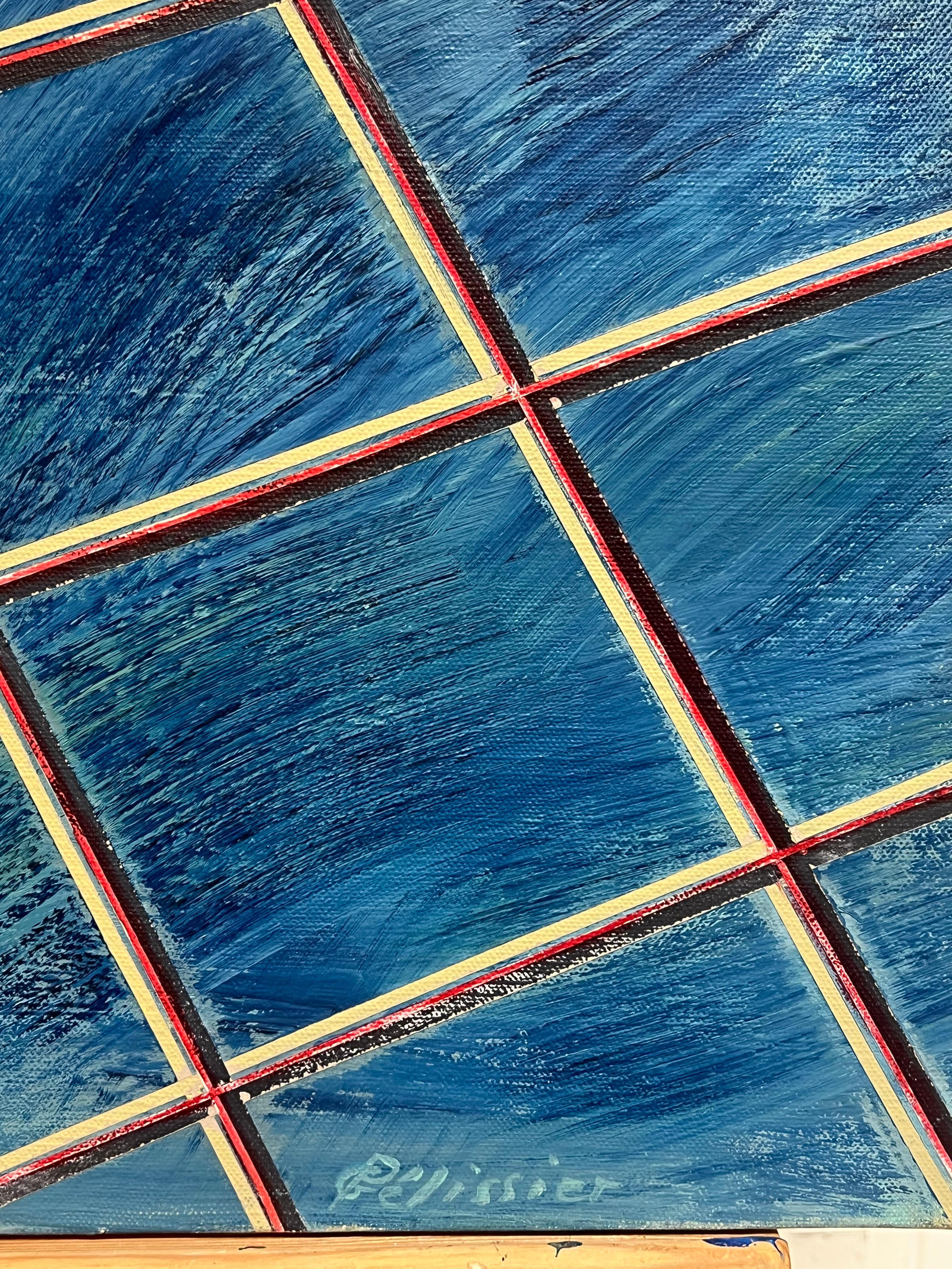 French 20th Century Gridded Geometry in Blue and Gold Contemporary Painting For Sale 4
