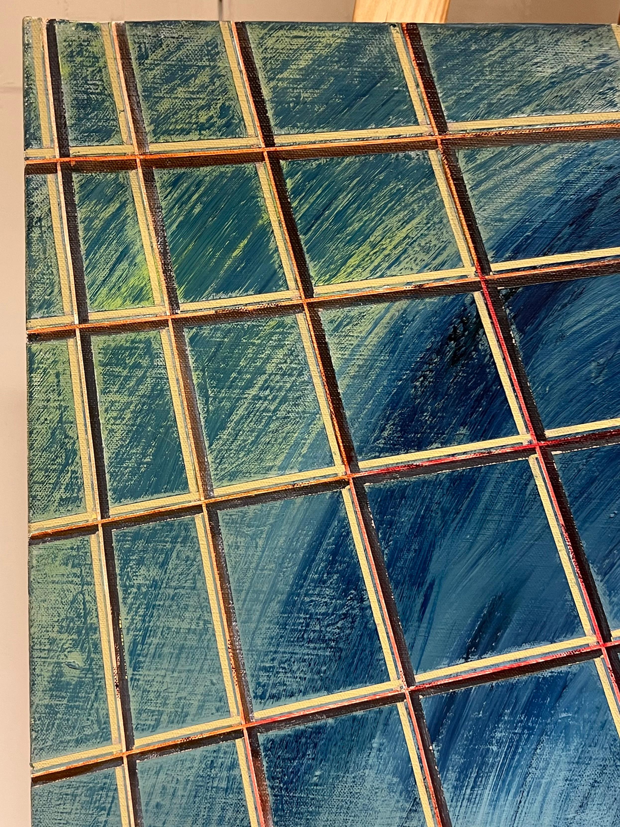 French 20th Century Gridded Geometry in Blue and Gold Contemporary Painting For Sale 5
