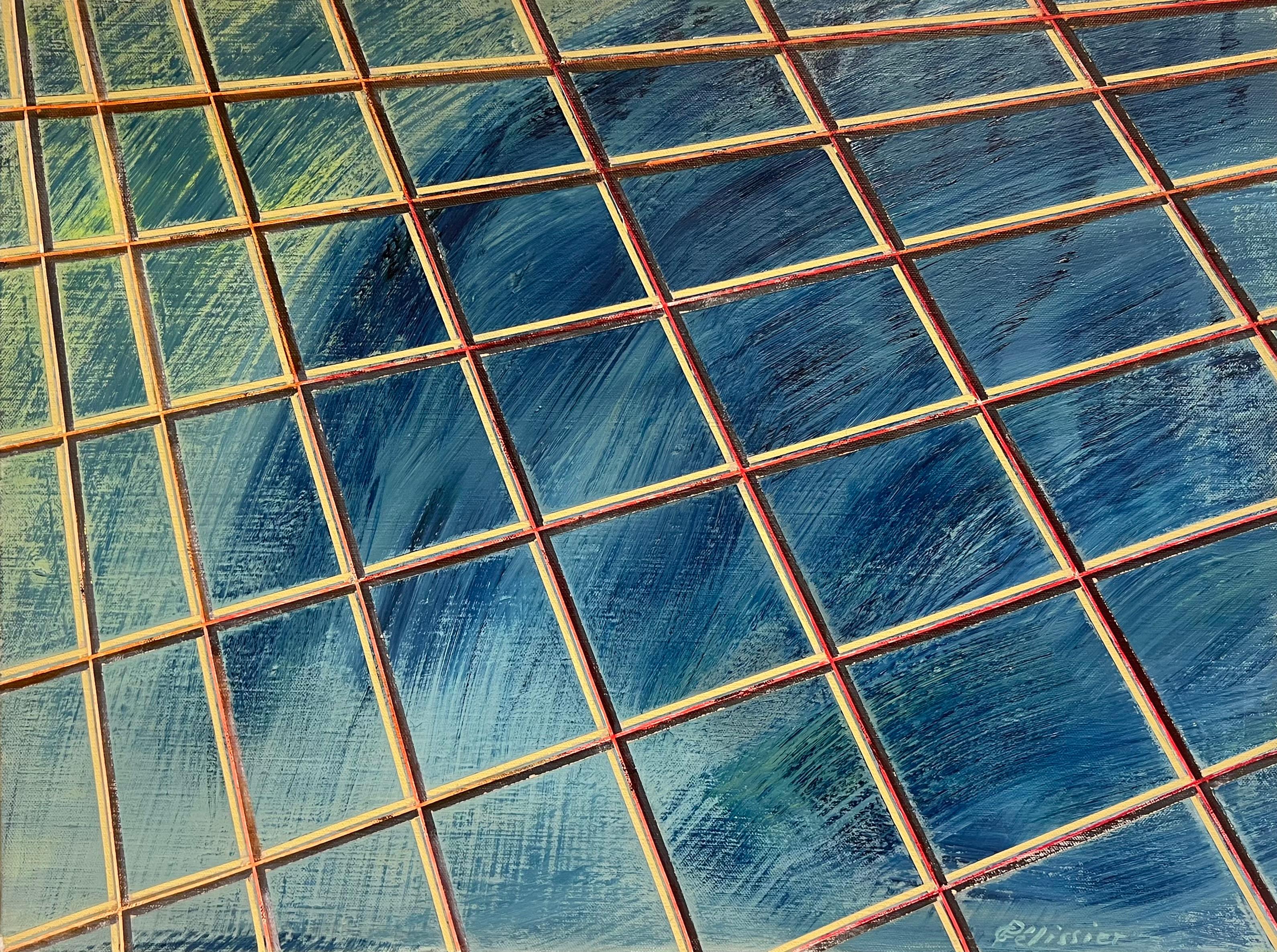 Gilbert Pelissier Abstract Painting - French 20th Century Gridded Geometry in Blue and Gold Contemporary Painting
