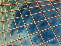 French 20th Century Gridded Geometry in Blue and Gold Contemporary Painting