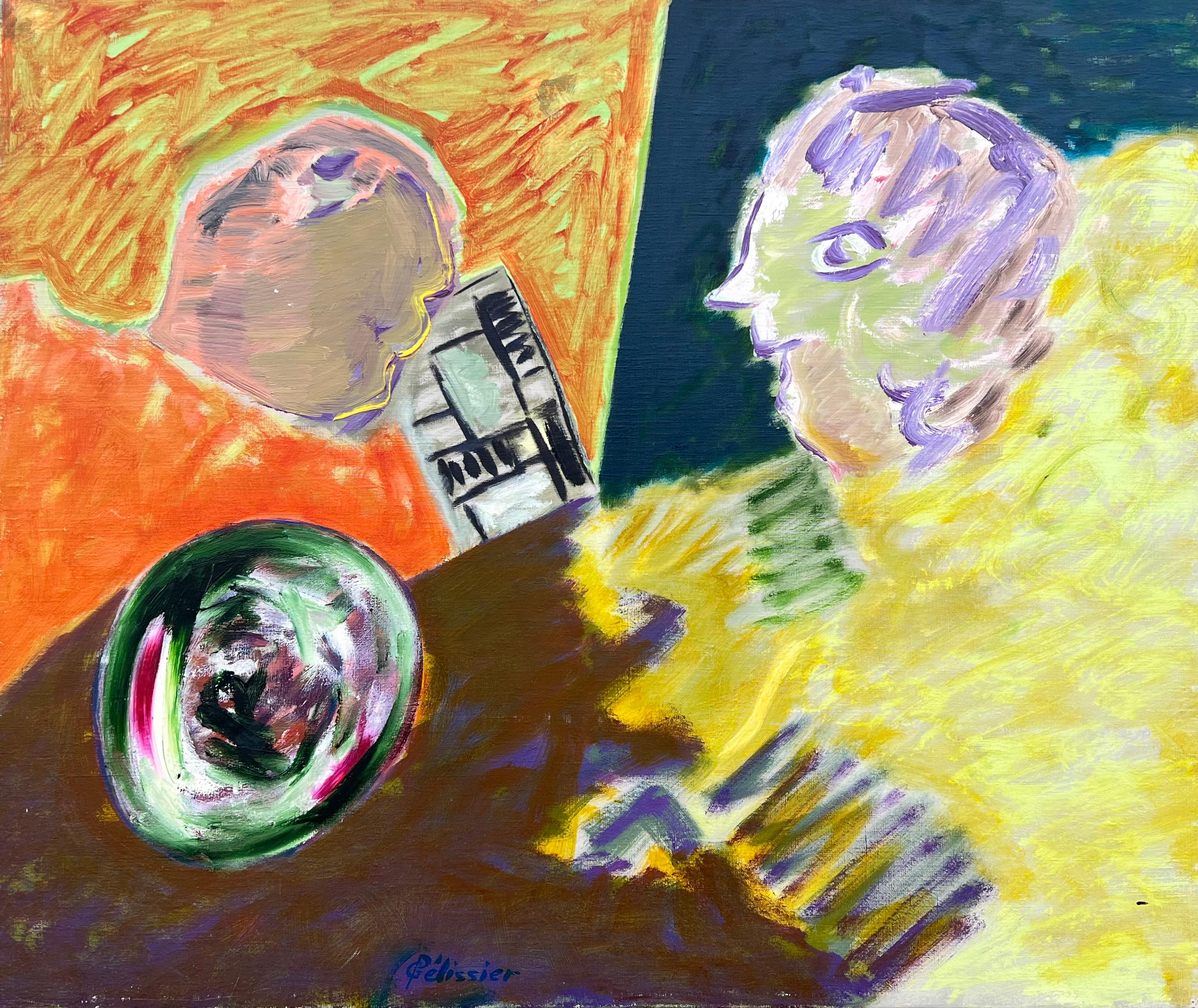 Incontro astratto surrealista del 20° secolo in tinte vivaci - Painting di Gilbert Pelissier