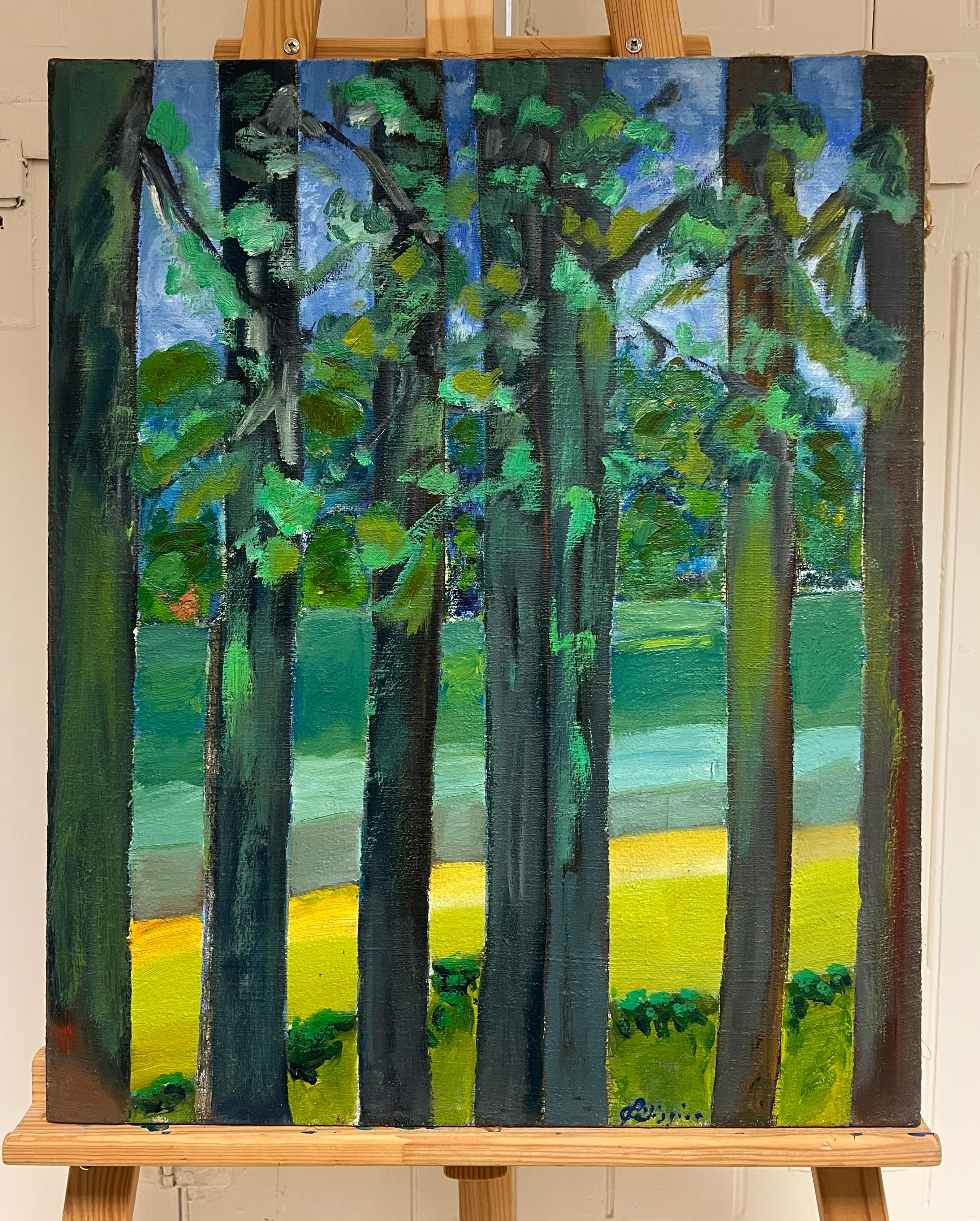 Óleo impresionista francés del siglo XX Vista exuberante de un bosque con colores vibrantes - Painting de Gilbert Pelissier