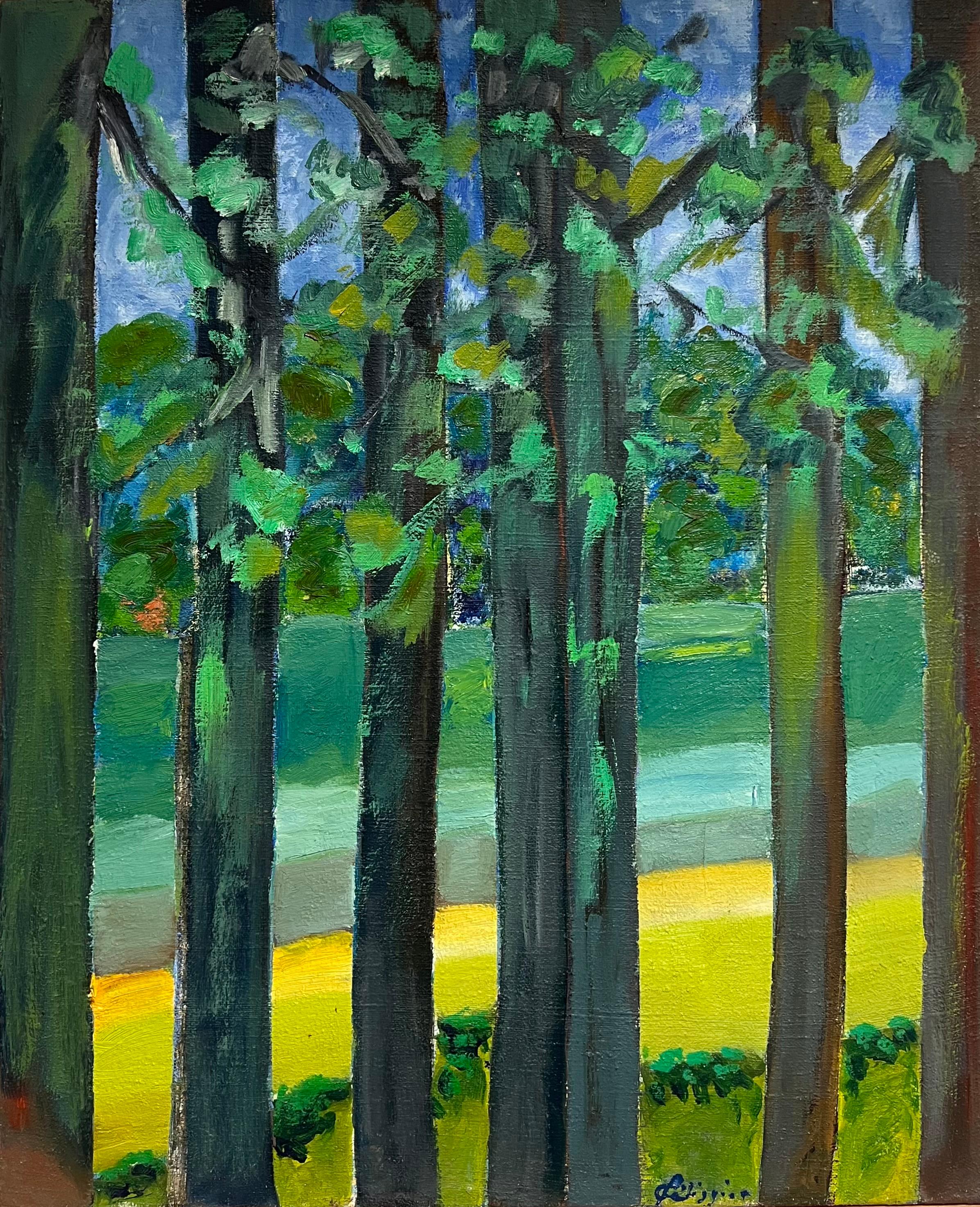 Landscape Painting de Gilbert Pelissier - Óleo impresionista francés del siglo XX Vista exuberante de un bosque con colores vibrantes