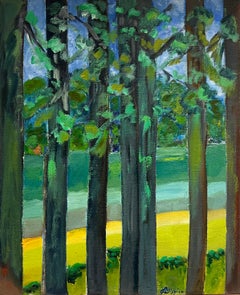 Huile impressionniste française du 20e siècle Vue d'une forêt luxuriante aux couleurs vibrantes