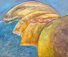 French 20th Century Painting Layered Earth-Like Spheres in Abstract Composition