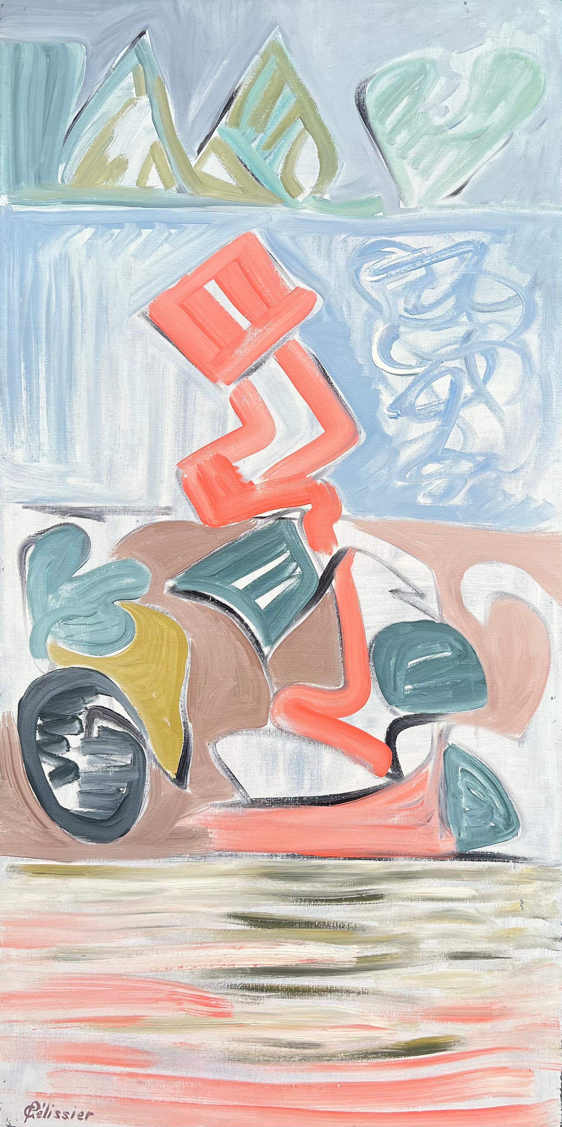 Gilbert Pelissier Landscape Painting - French 20th Century Shapes in Motion Abstract Geometric Forms Pastel Colours