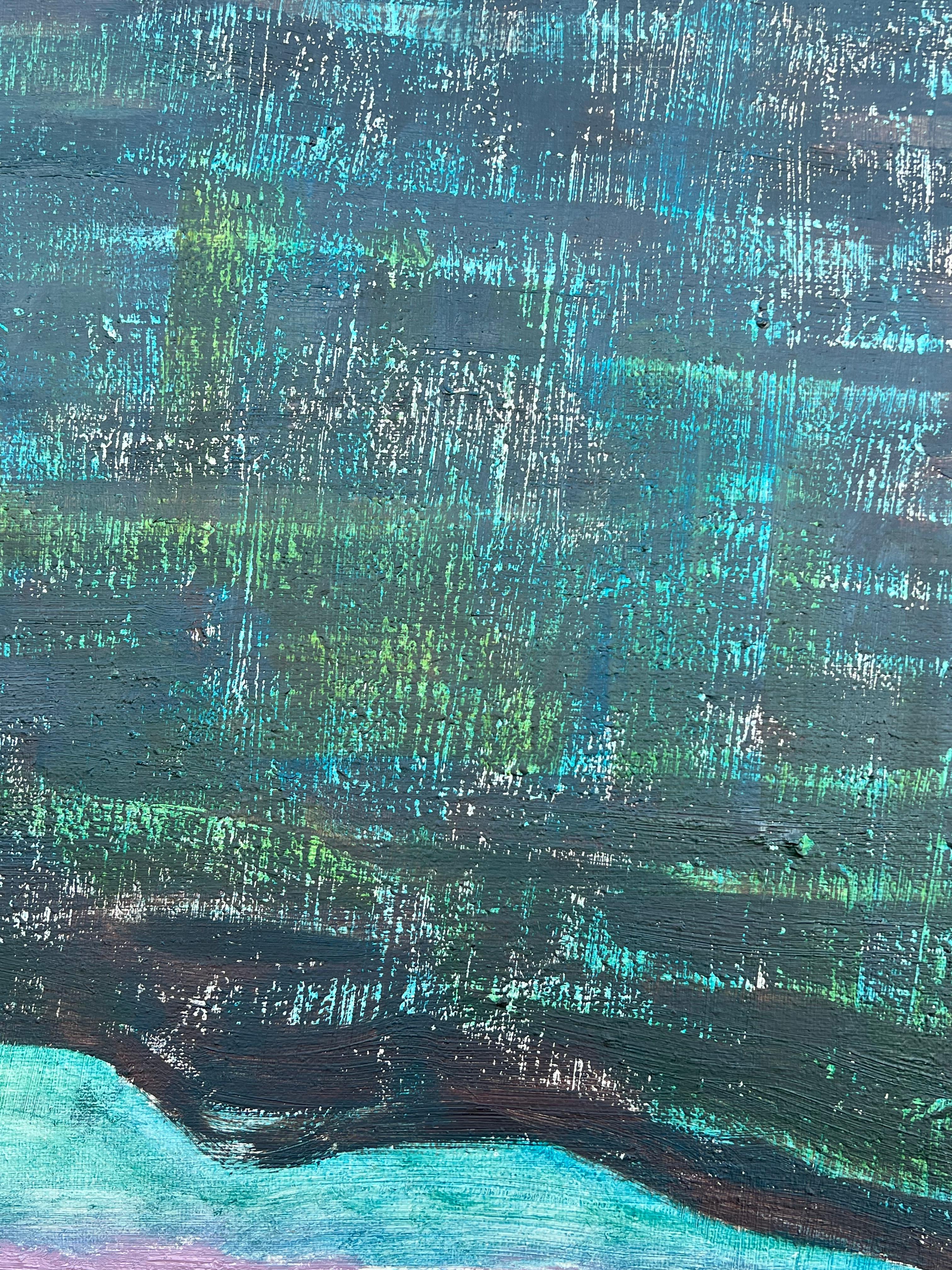 Forme in movimento del XX secolo francese Paesaggio marino astratto al crepuscolo Orizzonte lunare - Landscape Painting Blu di Gilbert Pelissier