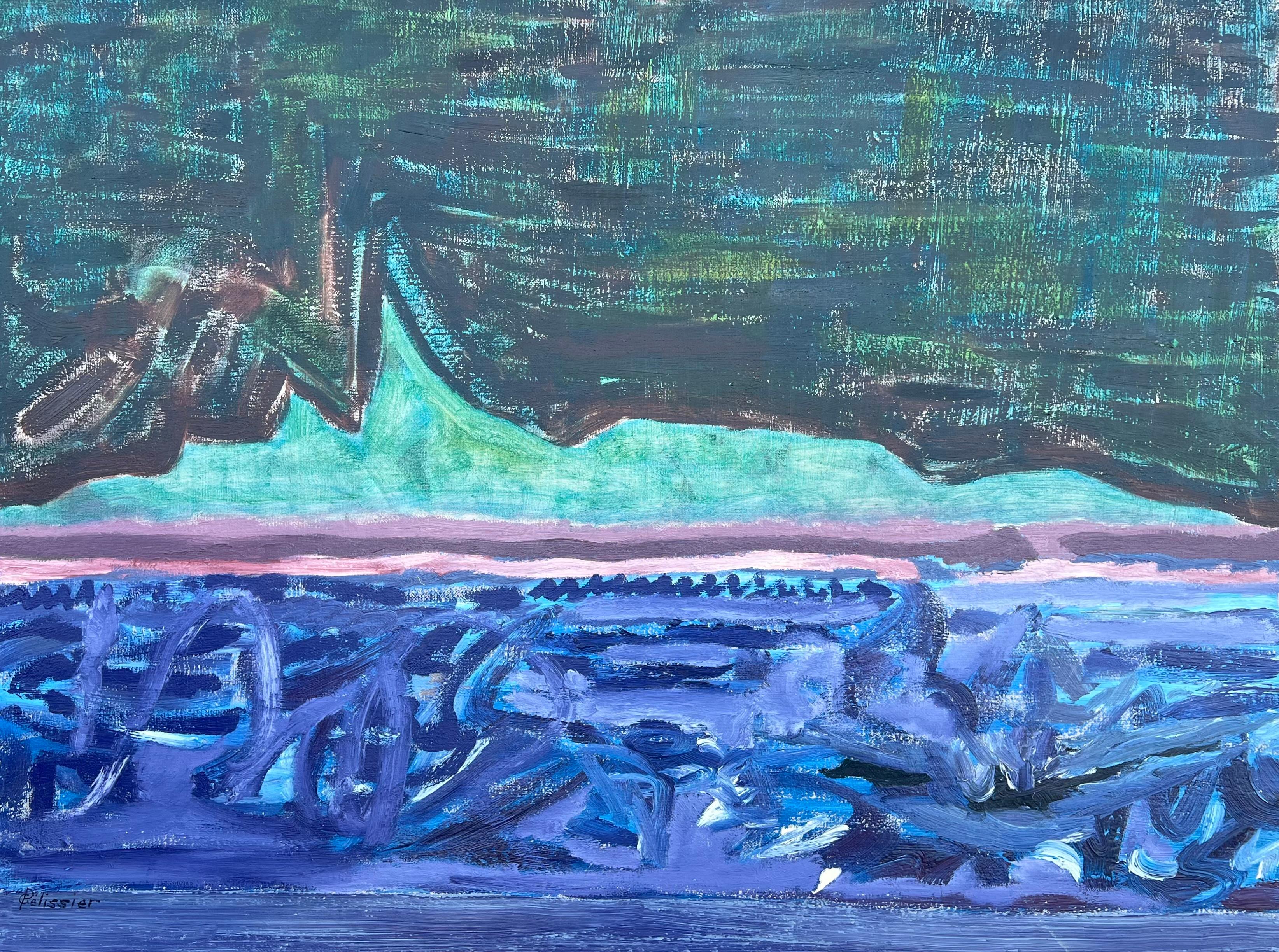 Landscape Painting di Gilbert Pelissier - Forme in movimento del XX secolo francese Paesaggio marino astratto al crepuscolo Orizzonte lunare