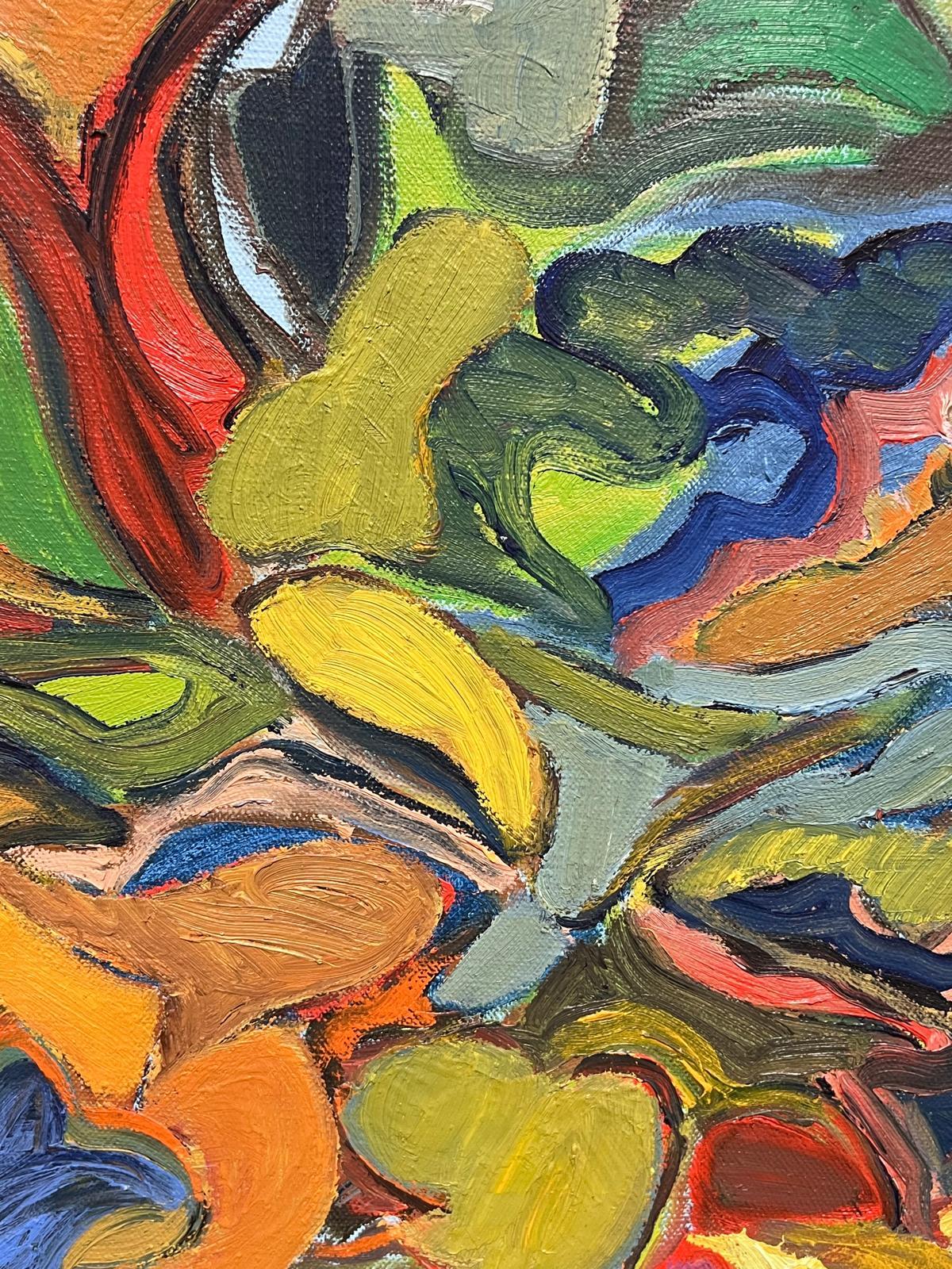 Francese del XX secolo Vibranti vortici astratti di arancione, giallo, verde e blu - Landscape Painting Marrone di Gilbert Pelissier