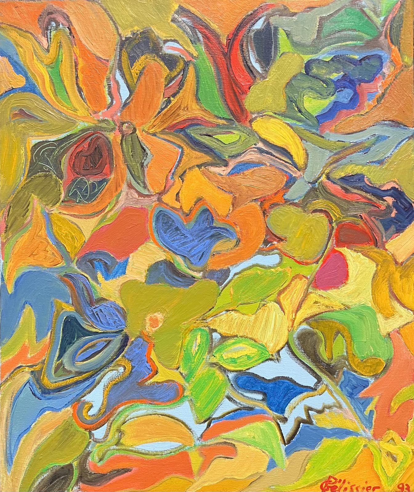 Landscape Painting di Gilbert Pelissier - Francese del XX secolo Vibranti vortici astratti di arancione, giallo, verde e blu