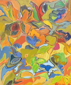 Francés Siglo XX Remolinos abstractos vibrantes de naranja, amarillo, verde y azul