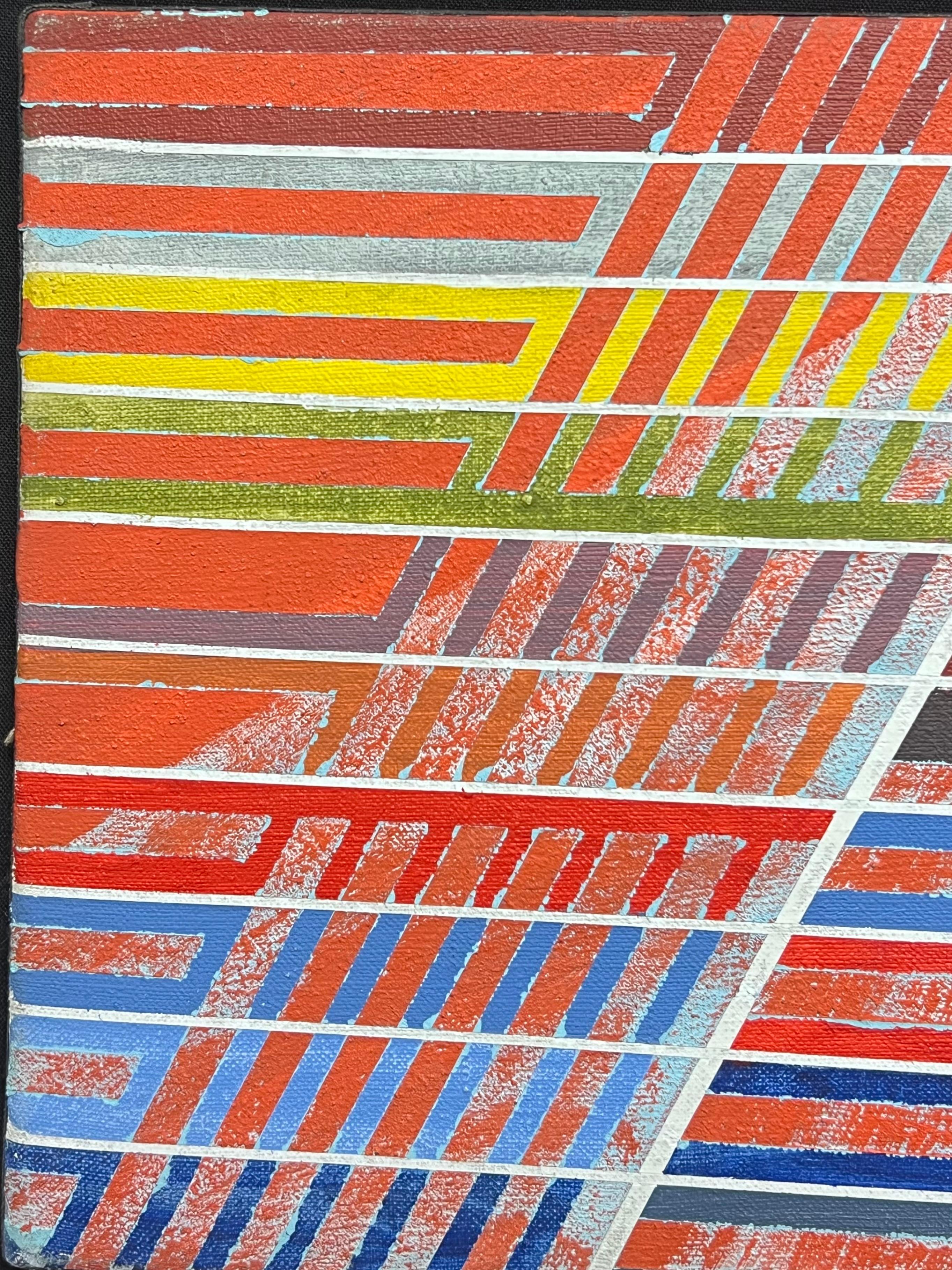 Francese del XX secolo Vibrante geometrico astratto a strisce multicolori - Abstract Painting Marrone di Gilbert Pelissier