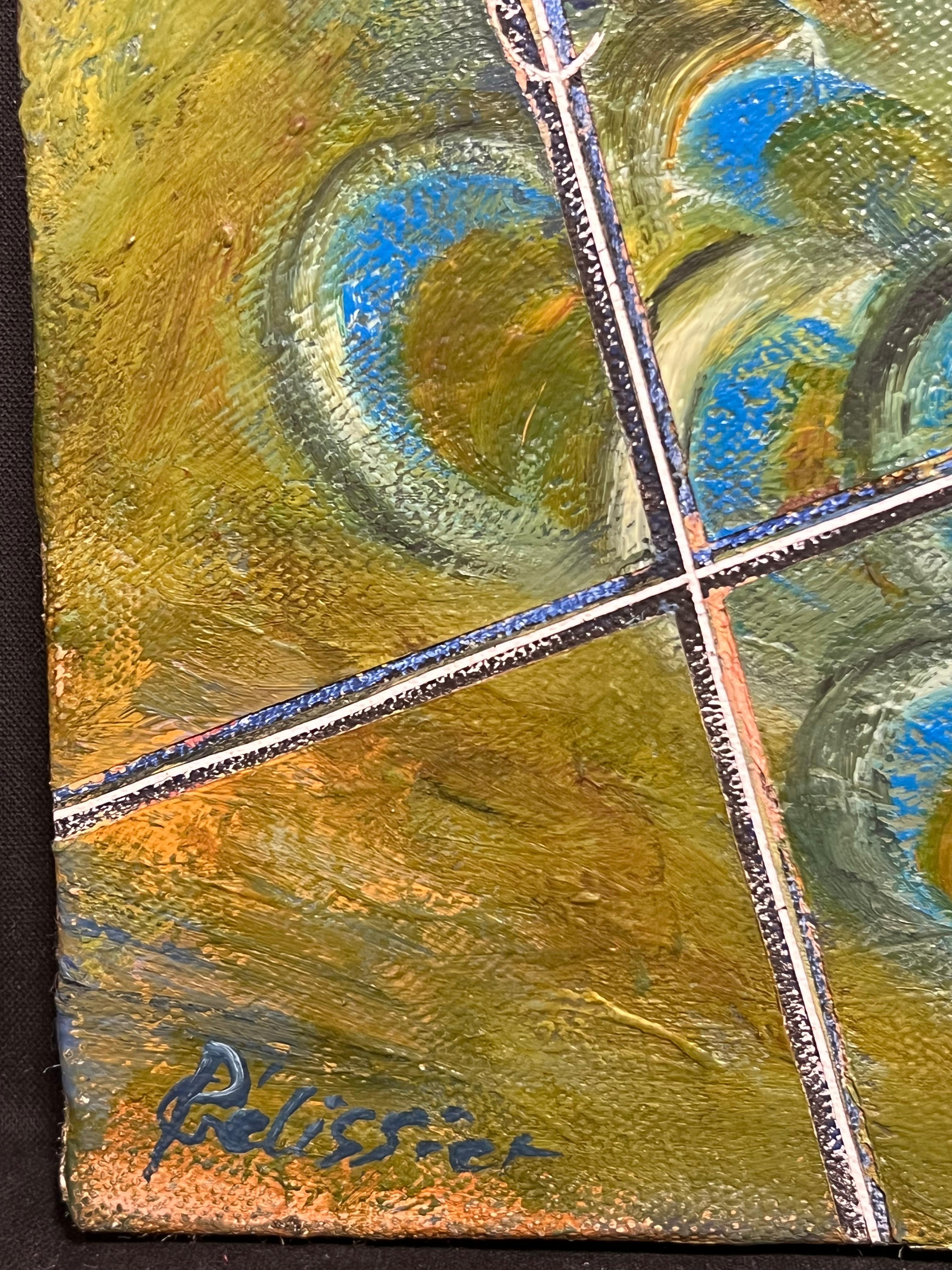 Abstract Expressionist Composition 
signed by Gilbert Pelissier (French born 1924)
oil painting on canvas, unframed
canvas size: 9.5 x 13 inches
condition: overall very good, a few minor surface scuffs from being stored in the artists