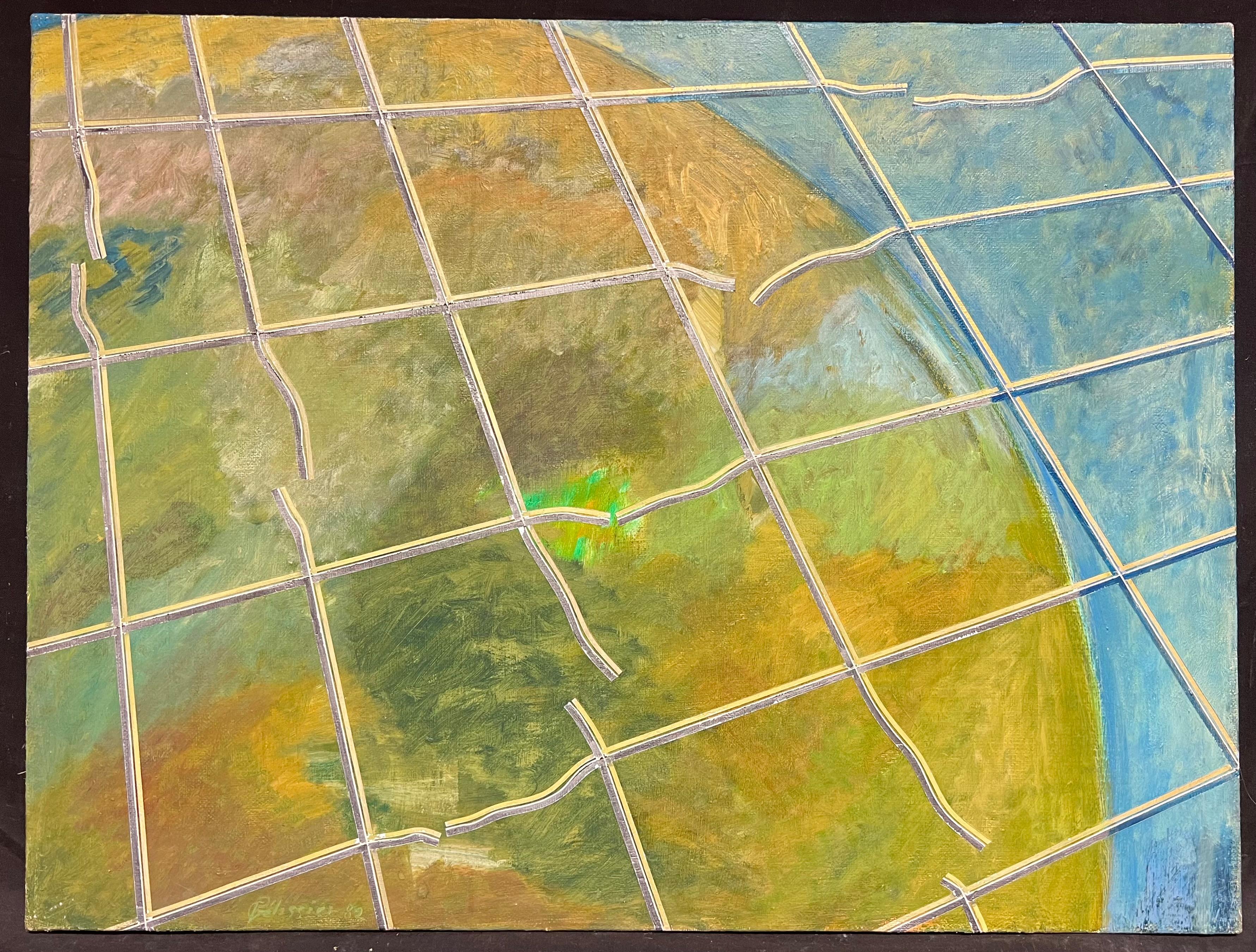 Abstraction géométrique vibrante du 20e siècle, lignes jaunes, vertes et bleues - Painting de Gilbert Pelissier