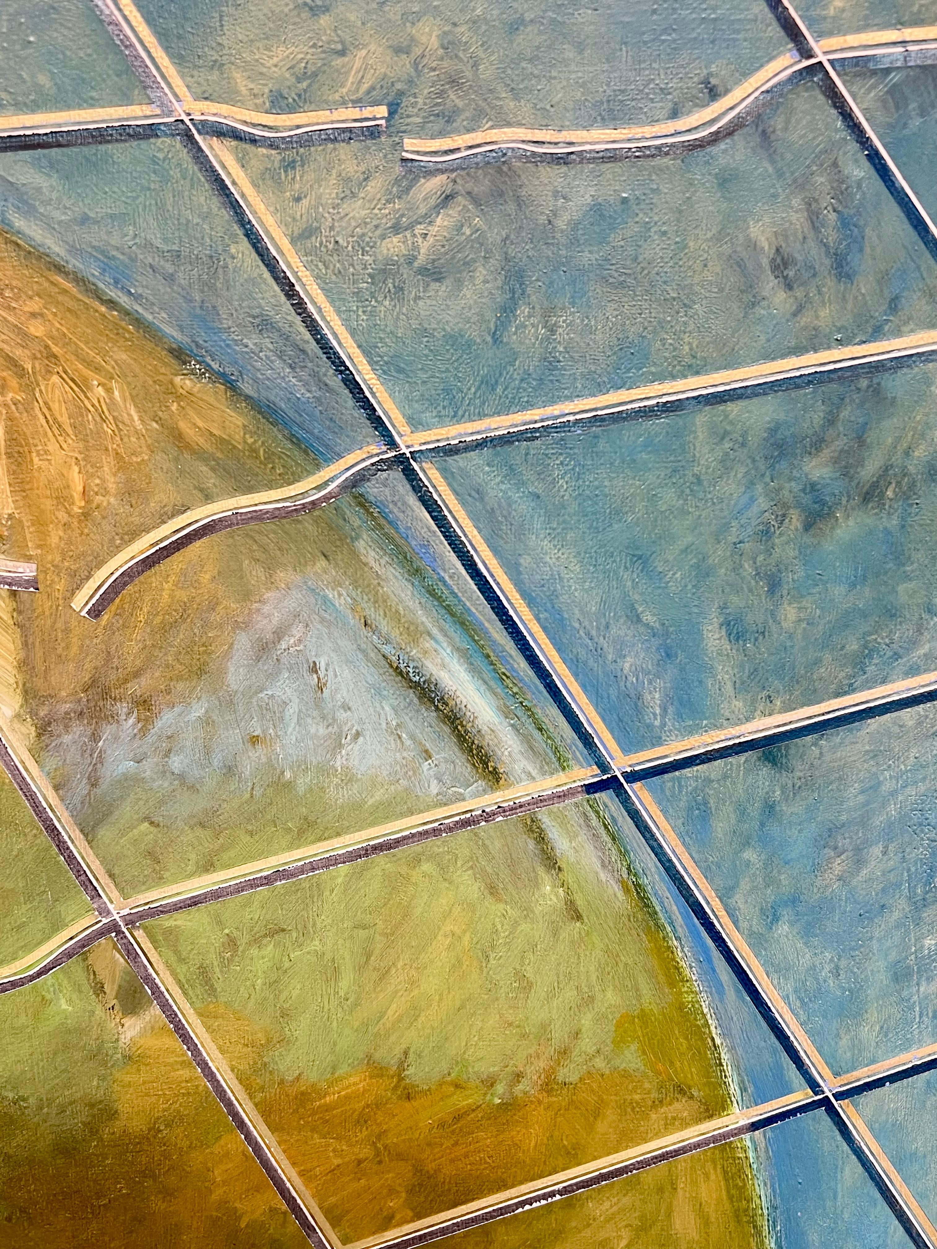 Abstraction géométrique vibrante du 20e siècle, lignes jaunes, vertes et bleues - Expressionnisme abstrait Painting par Gilbert Pelissier
