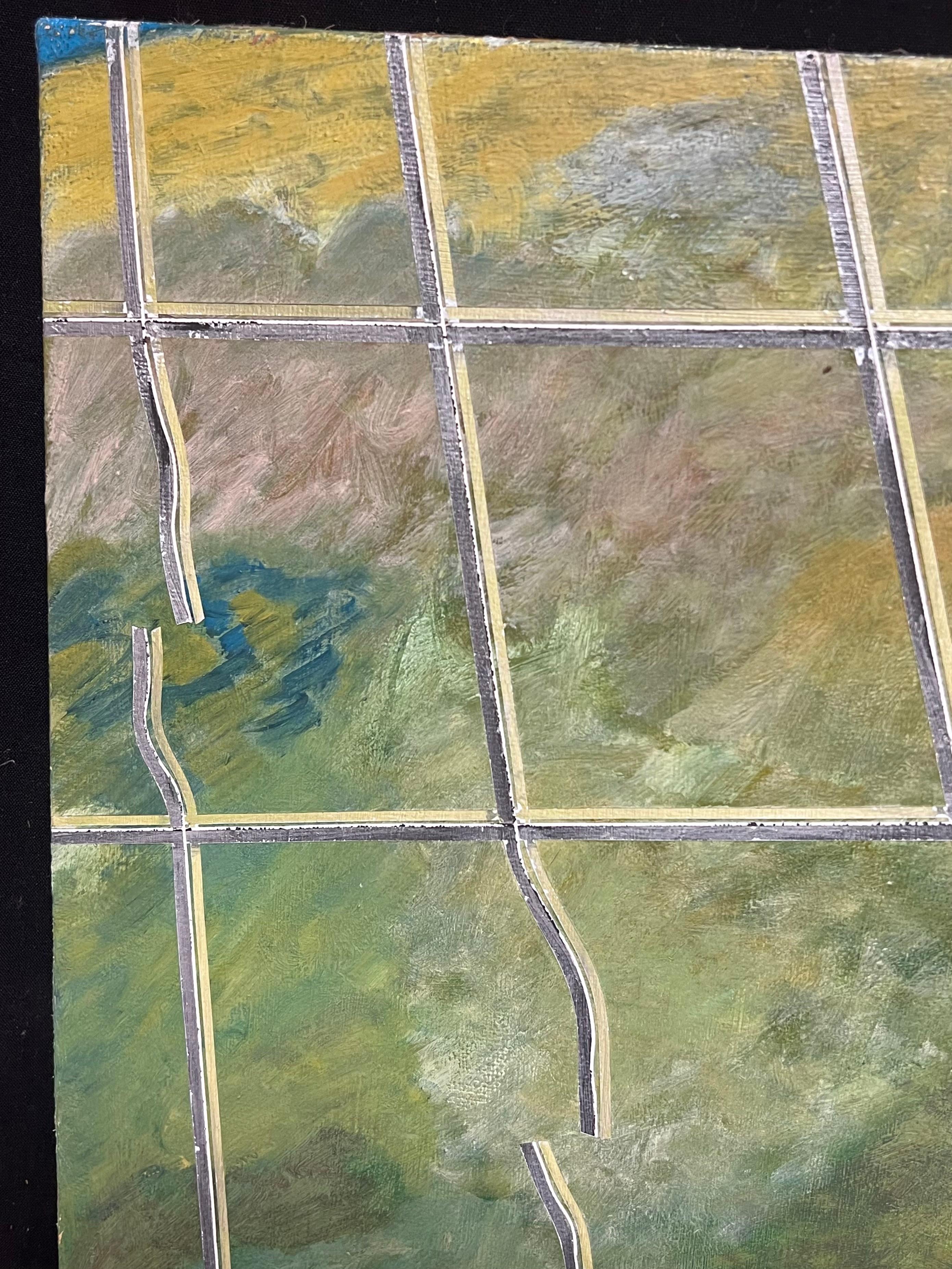 Abstraction géométrique vibrante du 20e siècle, lignes jaunes, vertes et bleues - Marron Abstract Painting par Gilbert Pelissier