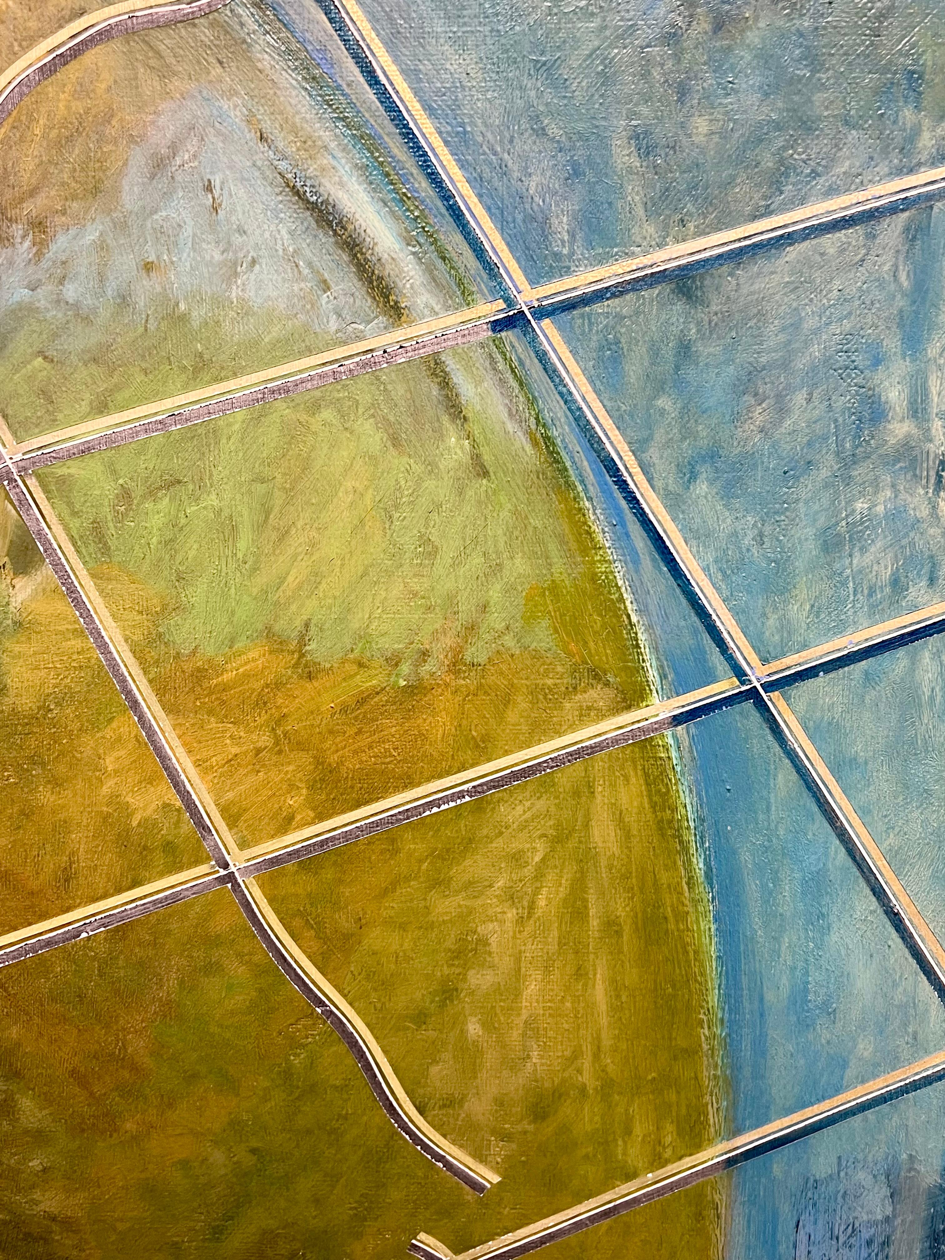 Abstraction géométrique vibrante du 20e siècle, lignes jaunes, vertes et bleues en vente 2