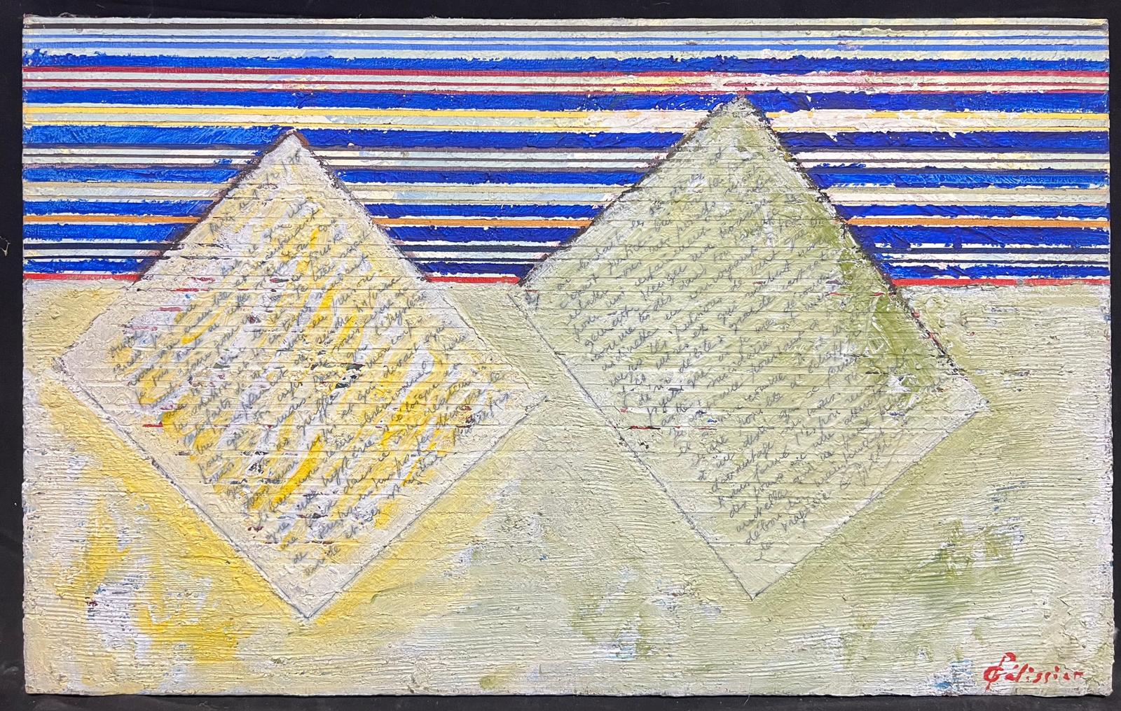 French 20th Century Vibrant Geometric Letter and Stripe Abstract - Painting by Gilbert Pelissier