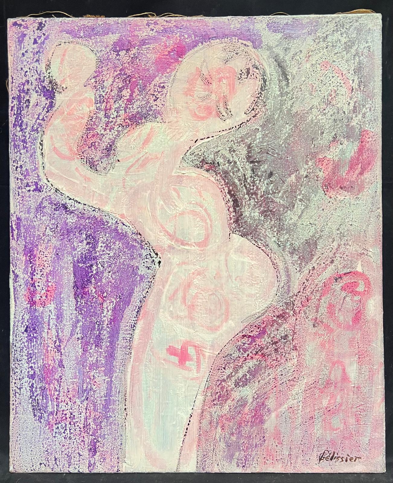 Figura astratta vibrante e geometrica rosa e viola del XX secolo francese - Figurative Painting Beige di Gilbert Pelissier
