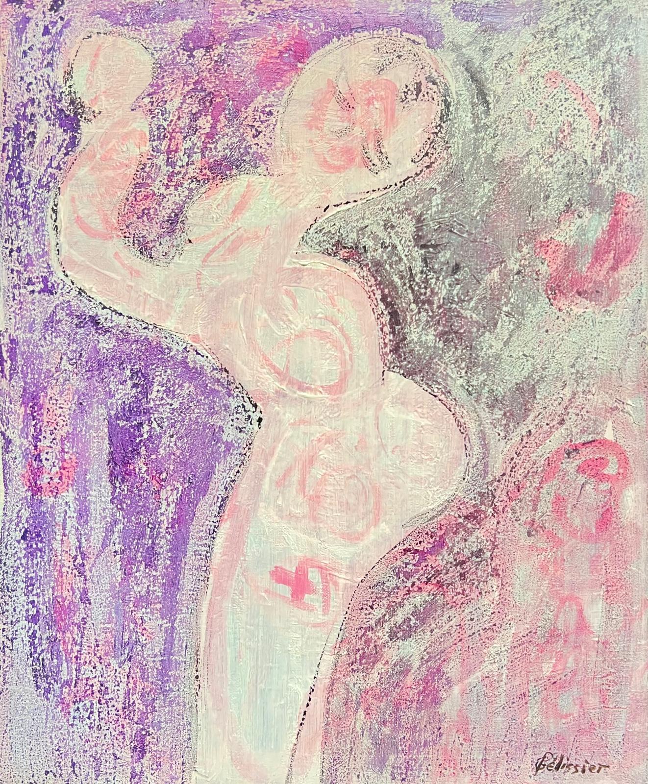 Figurative Painting di Gilbert Pelissier - Figura astratta vibrante e geometrica rosa e viola del XX secolo francese