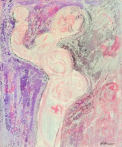 French 20th Century Vibrant Geometric Pink and Purple Quirky Abstract Figure
