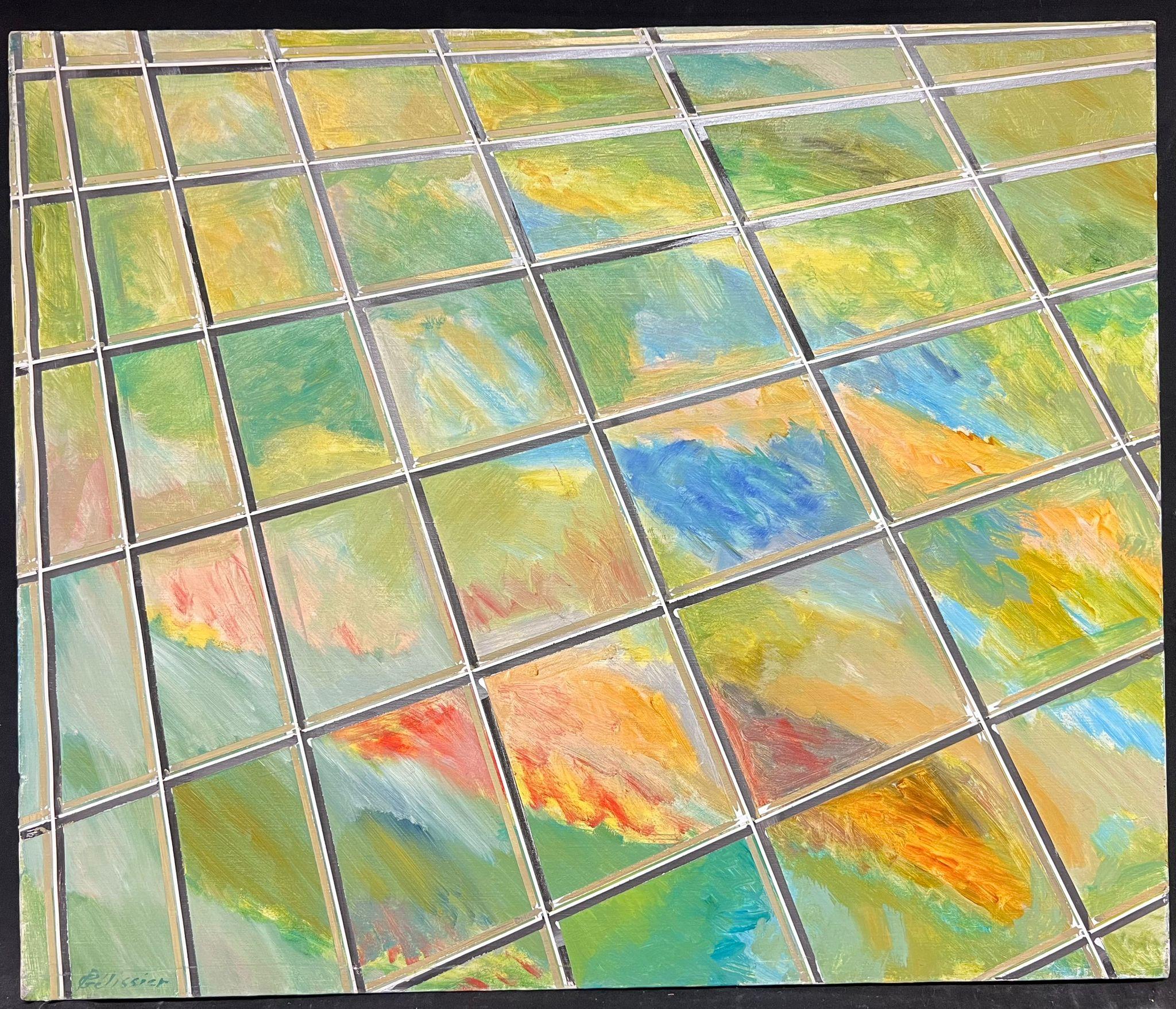 Französisch 20. Jahrhundert Vibrant Grid Geometric Abstract Blau Grün und Gelb Farbe – Painting von Gilbert Pelissier