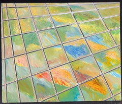 French 20th Century Vibrant Grid Geometric Abstract Blue Green and Yellow Colour