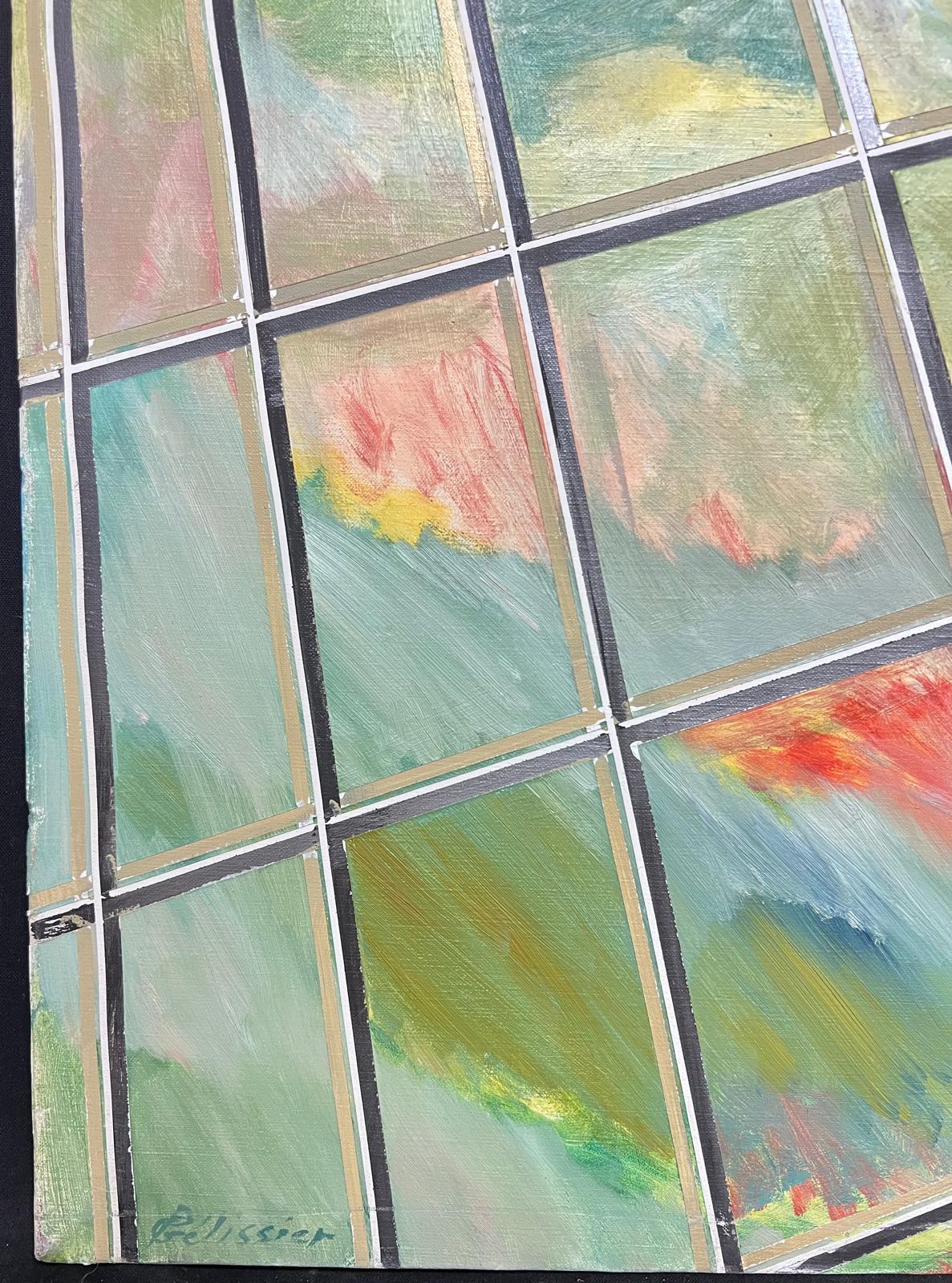 Französisch 20. Jahrhundert Vibrant Grid Geometric Abstract Blau Grün und Gelb Farbe (Abstrakter Expressionismus), Painting, von Gilbert Pelissier