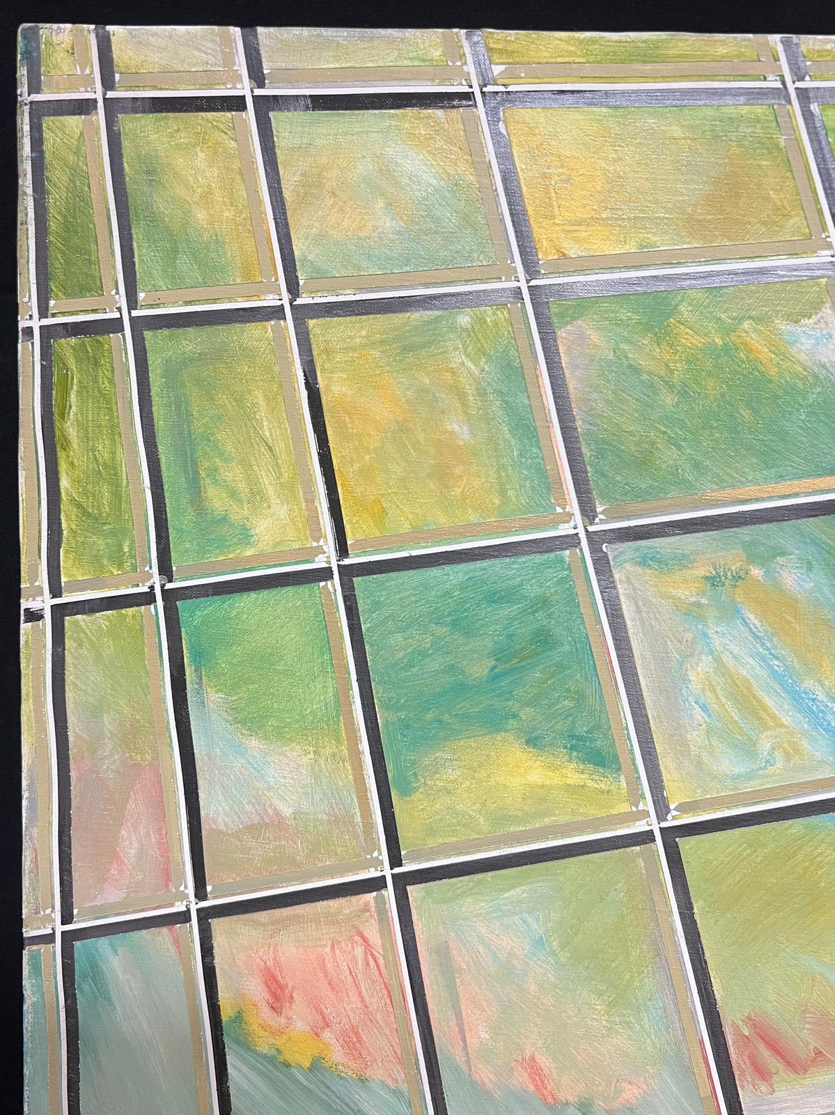 Französisch 20. Jahrhundert Vibrant Grid Geometric Abstract Blau Grün und Gelb Farbe (Beige), Landscape Painting, von Gilbert Pelissier