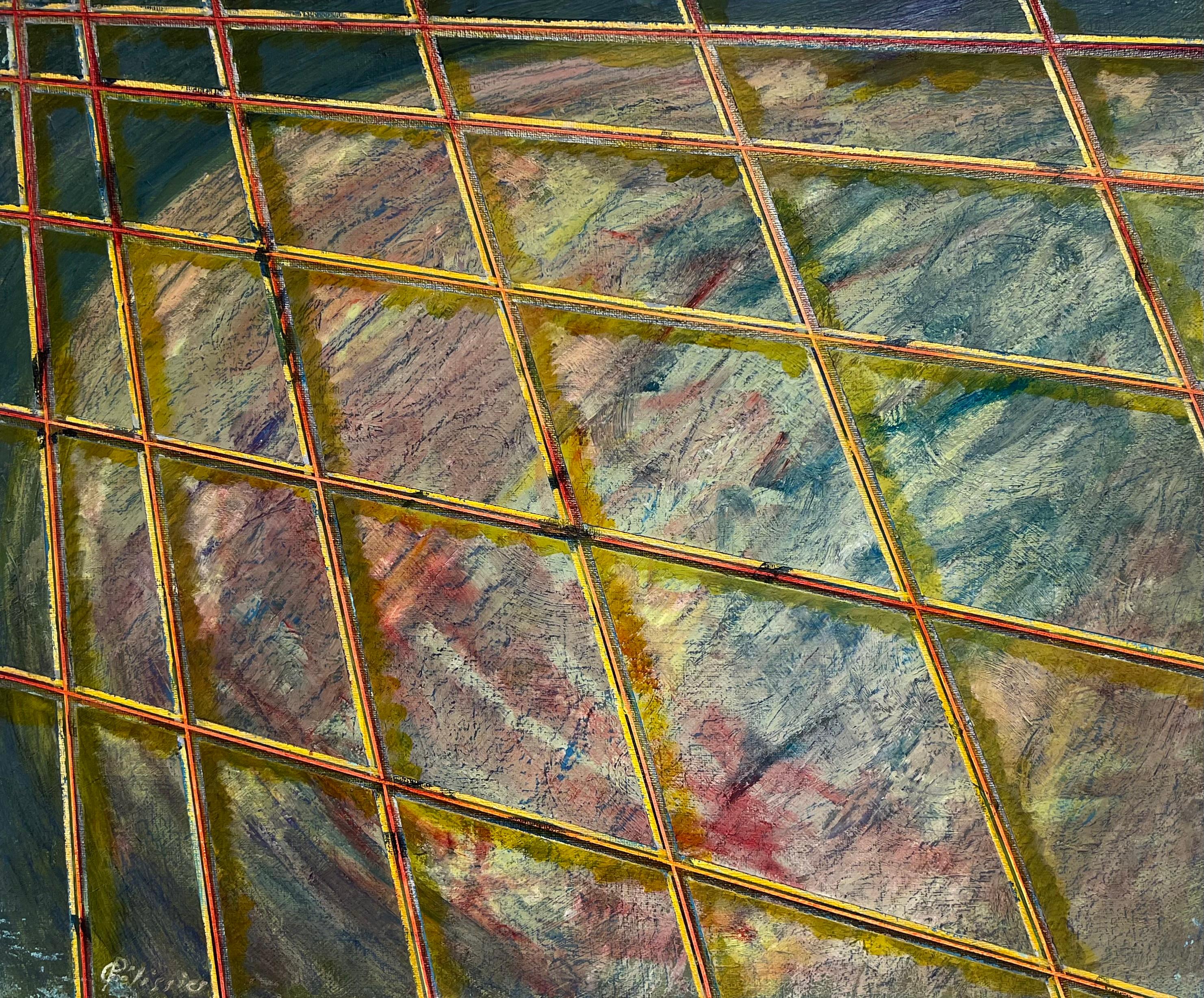 Finestra astratta gialla del XX secolo che si sovrappone a griglie blu - Landscape Painting Marrone di Gilbert Pelissier