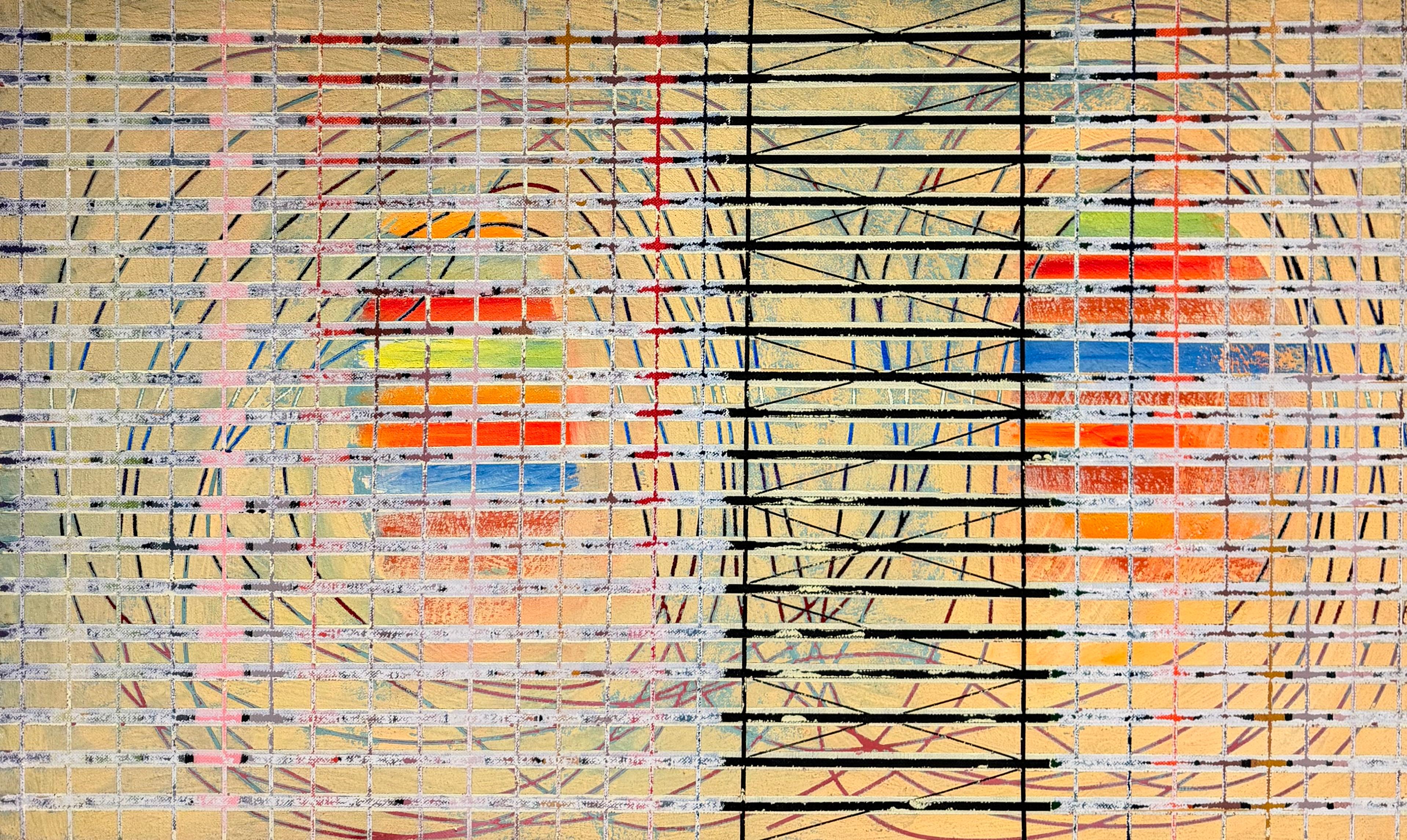 French Geometric Abstract Expressionist Circular Linear Composition Oil Painting