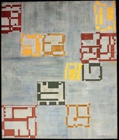Geometric Abstract Composition with Collaged Forms in Gold, Red and Grey