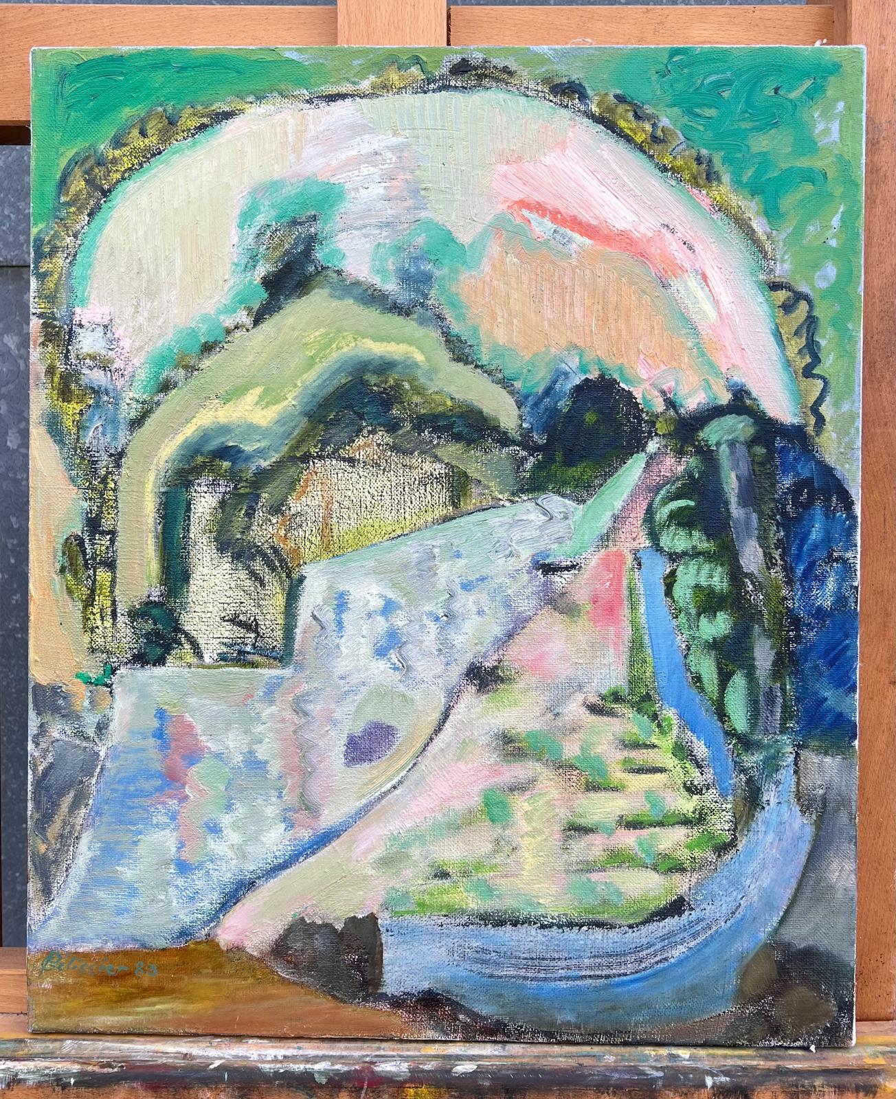 Enorme paisaje abstracto francés del siglo XX con suaves tonos pastel y texturas - Painting de Gilbert Pelissier