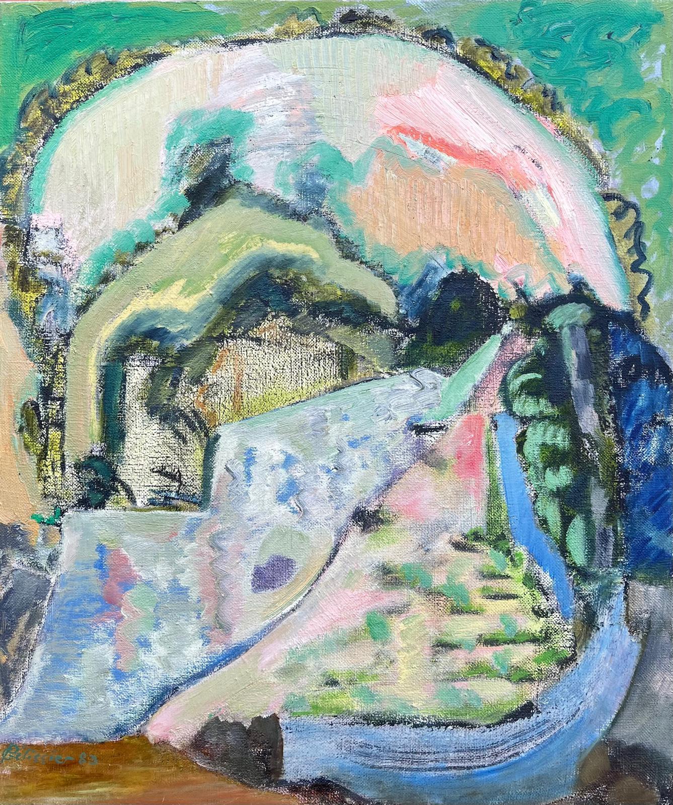 Landscape Painting de Gilbert Pelissier - Enorme paisaje abstracto francés del siglo XX con suaves tonos pastel y texturas