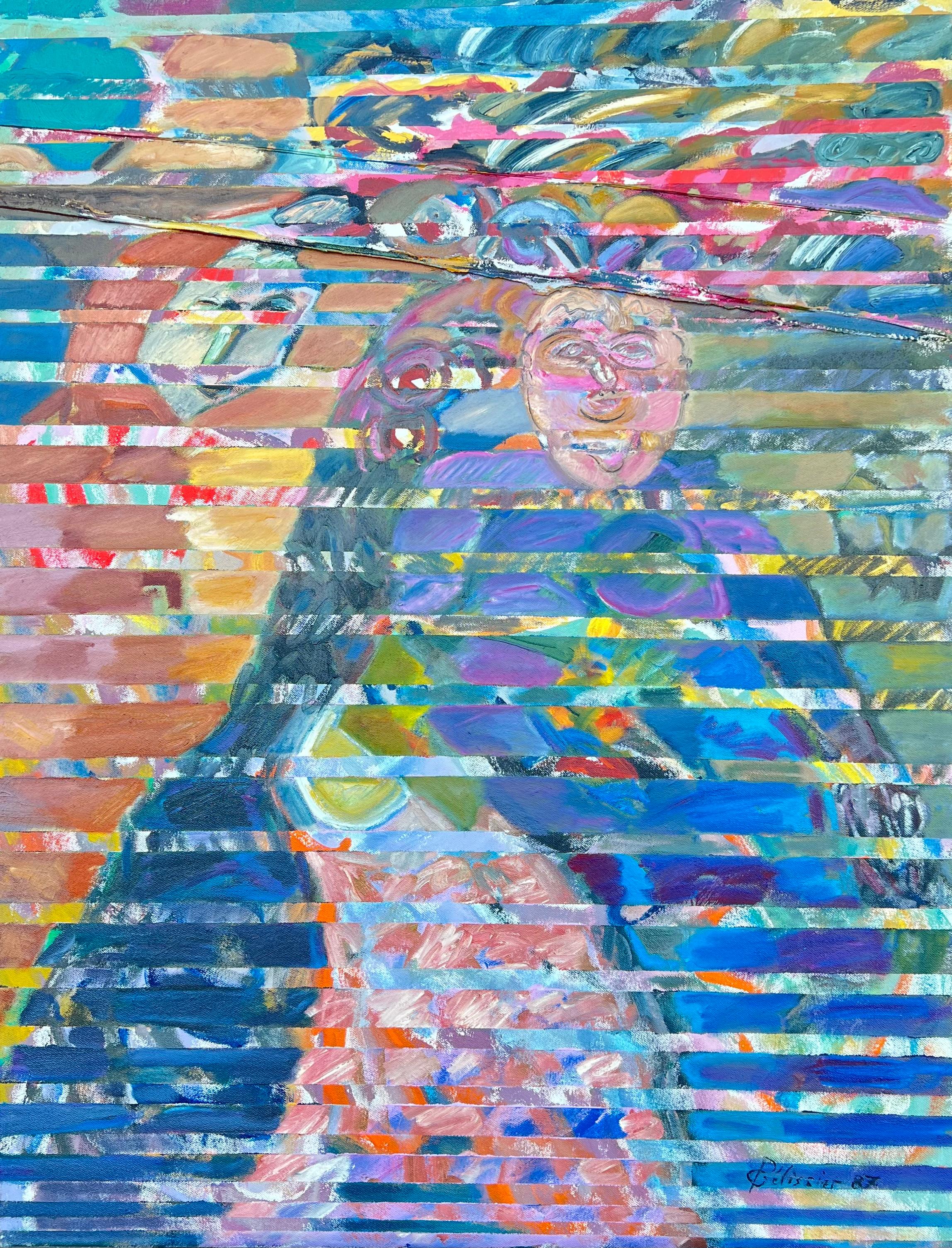 Abstract Painting di Gilbert Pelissier - Enorme opera astratta del XX secolo francese con strati e ritratto nascosto