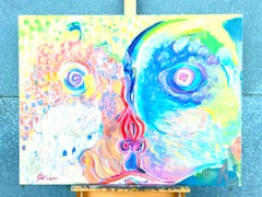 Huge French 20th Century Bright Colorful Dual Abstract Faces Oil Painting