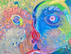Enorme pittura ad olio francese del XX secolo, dai colori vivaci e doppi volti astratti