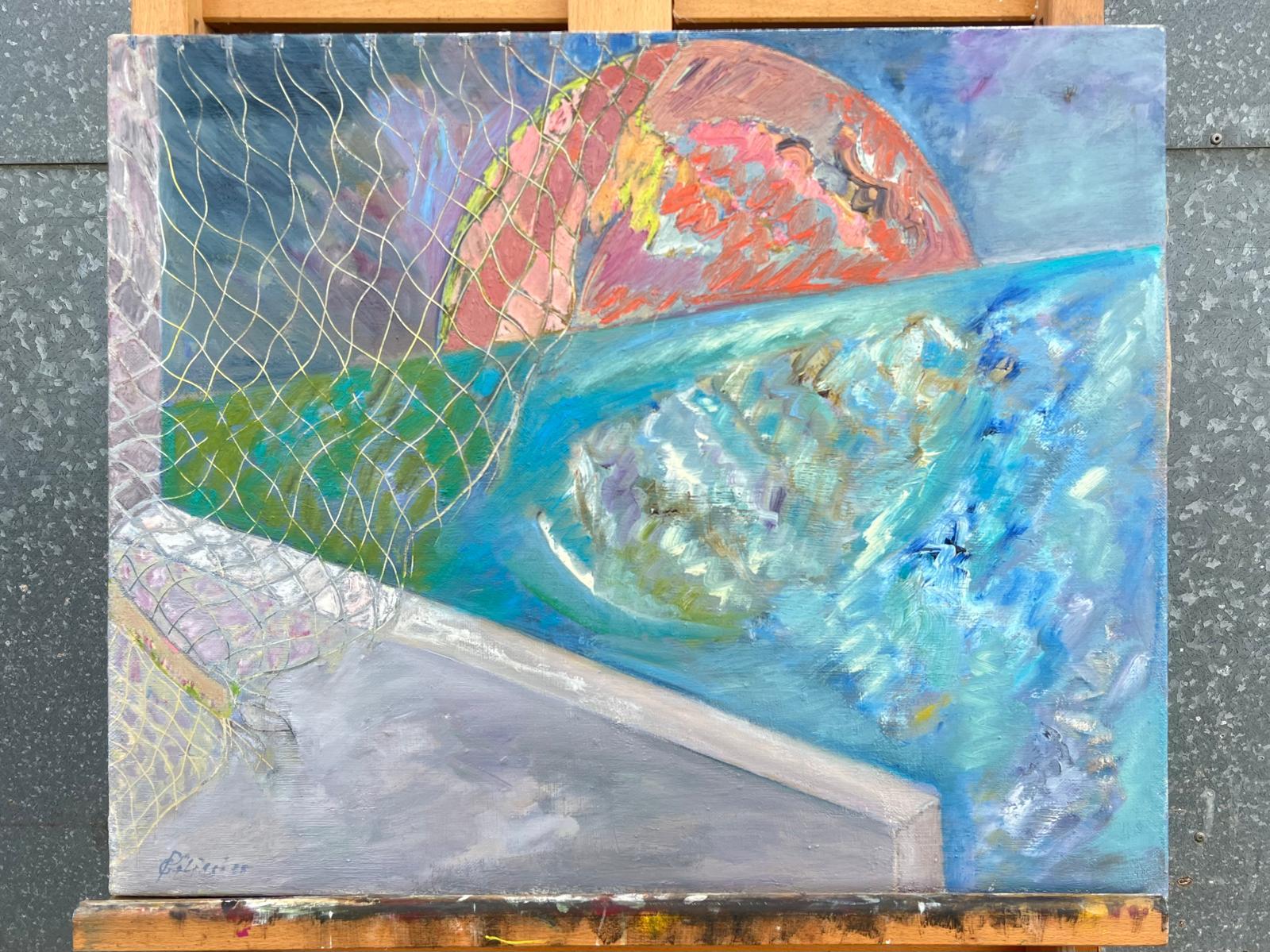 Enorme dipinto francese del XX secolo con mare illuminato dal sole e rete su sfondo astratto - Painting di Gilbert Pelissier
