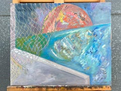 Huge French 20th Century Painting Sunlit Sea and Netting Over Abstract