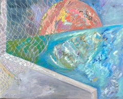 Huge French 20th Century Painting Sunlit Sea and Netting Over Abstract