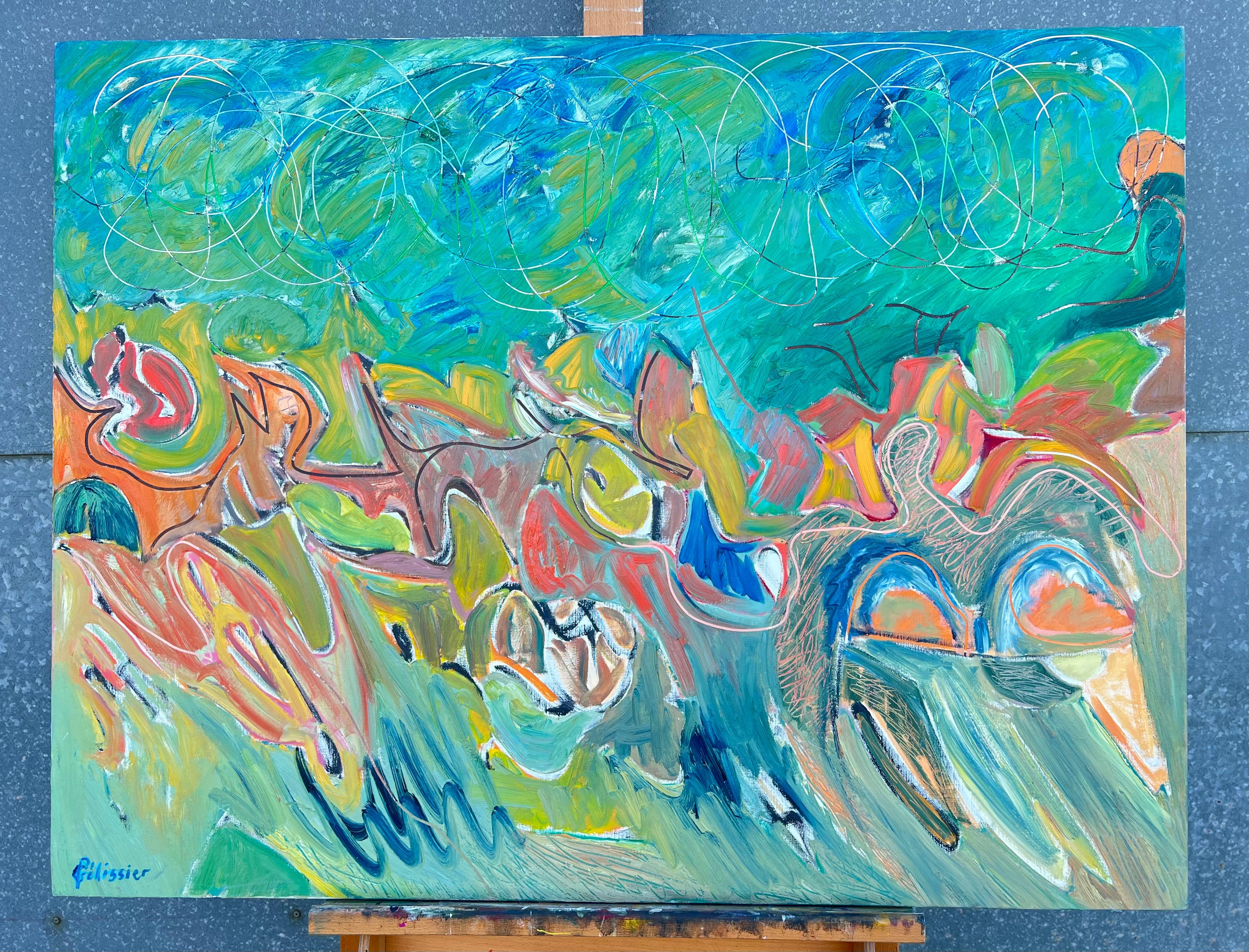 Huge French 20th Century Rhythms of Color Abstract Expression Landscape Painting - Blue Abstract Painting by Gilbert Pelissier
