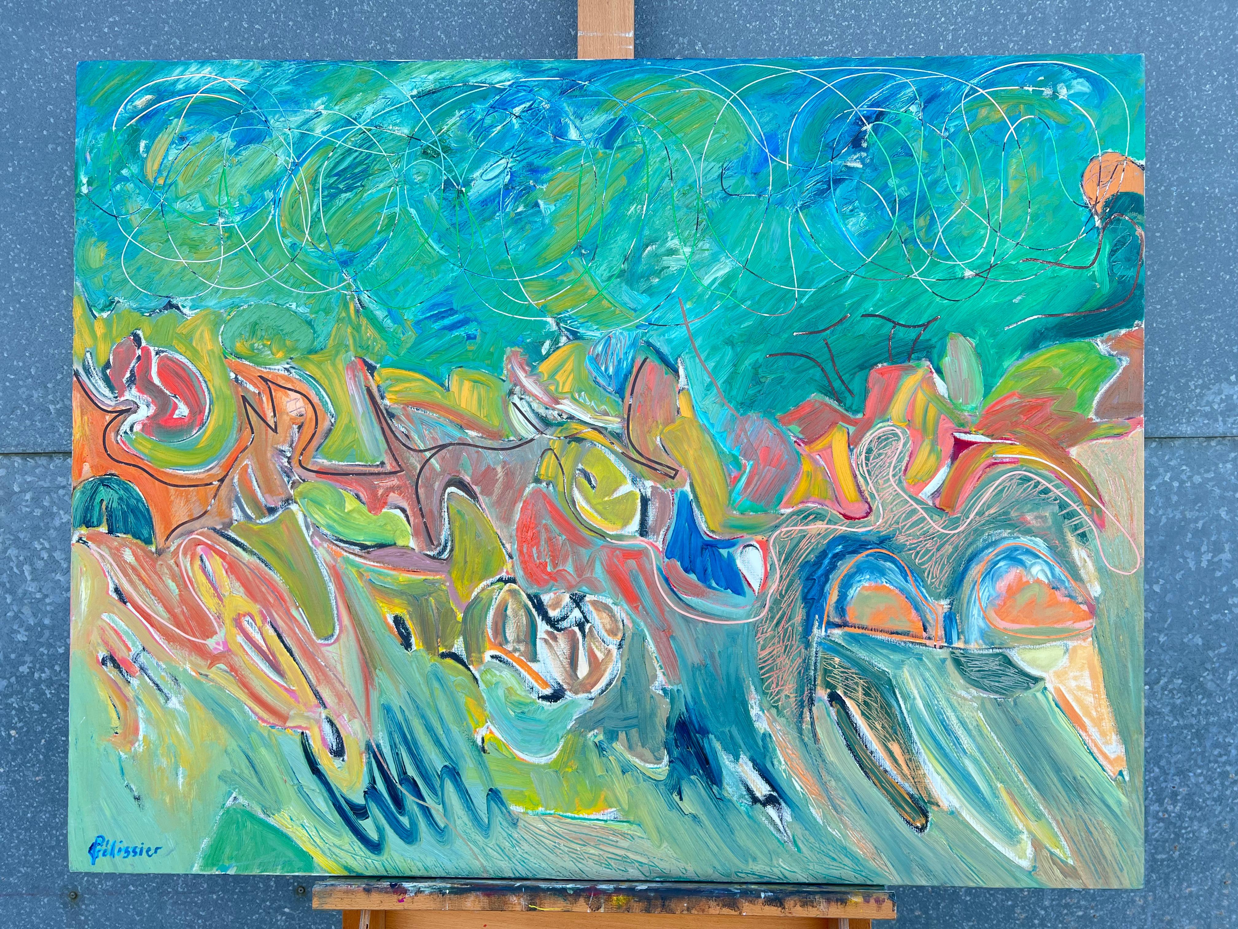 Abstract Expressionist Composition
by Gilbert Pelissier (French born 1924)
signed oil painting on canvas, unframed
inscribed verso
canvas size: 35 x 46 inches
condition: overall very good, a few minor surface scuffs from being stored in the artists