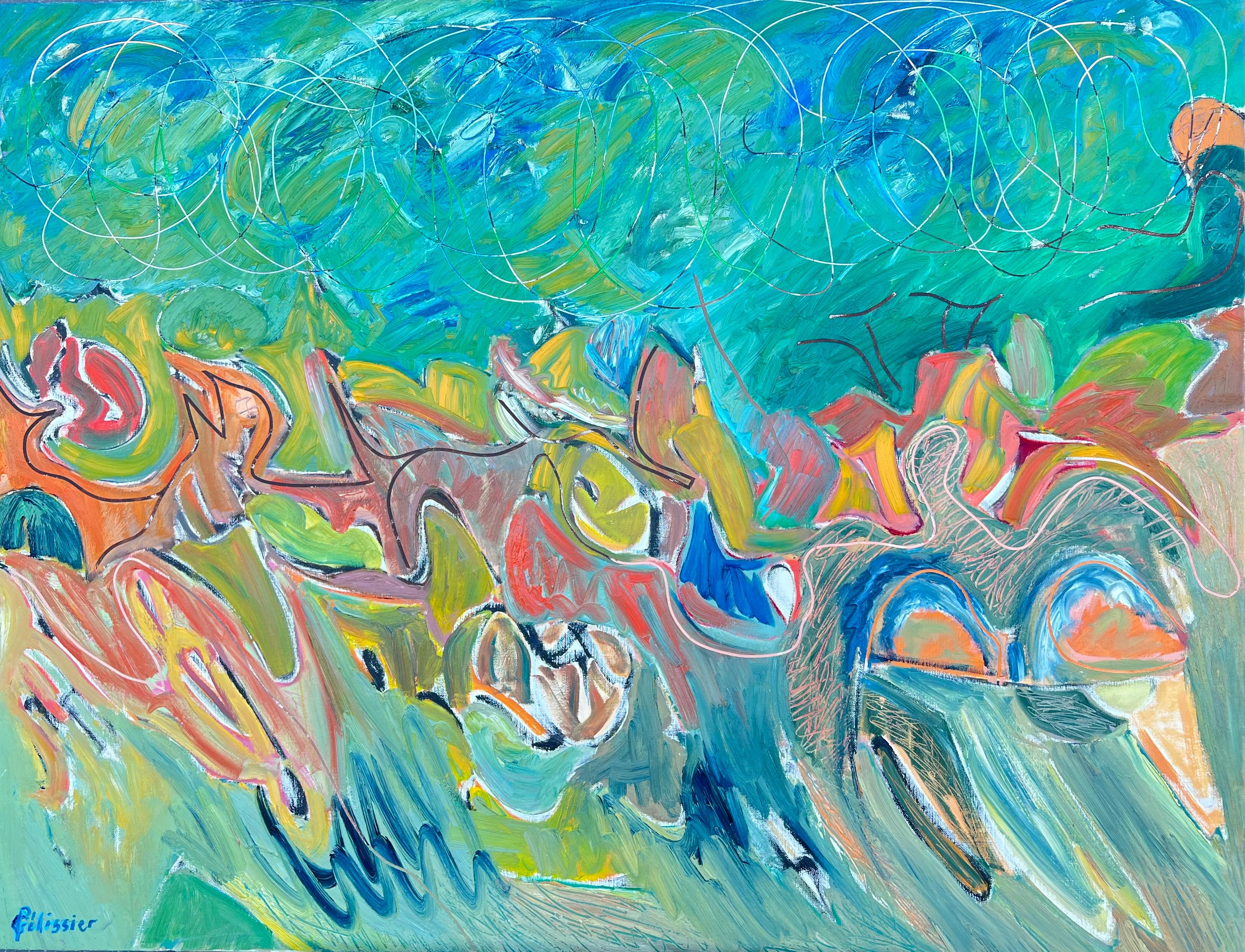 Gilbert Pelissier Abstract Painting - Huge French 20th Century Rhythms of Color Abstract Expression Landscape Painting
